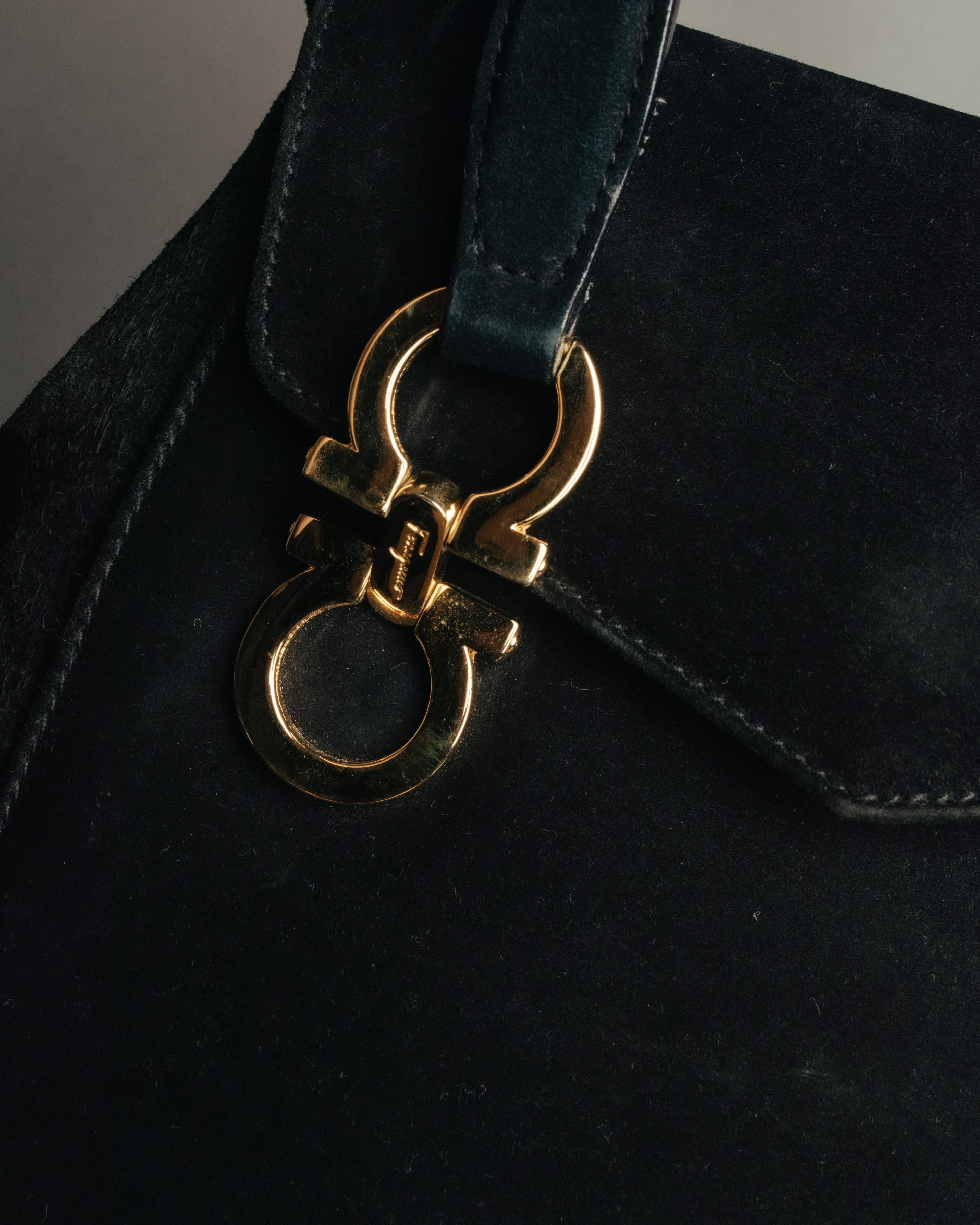“Salvatore Ferragamo” 1995 Double gancini suede leather handbag