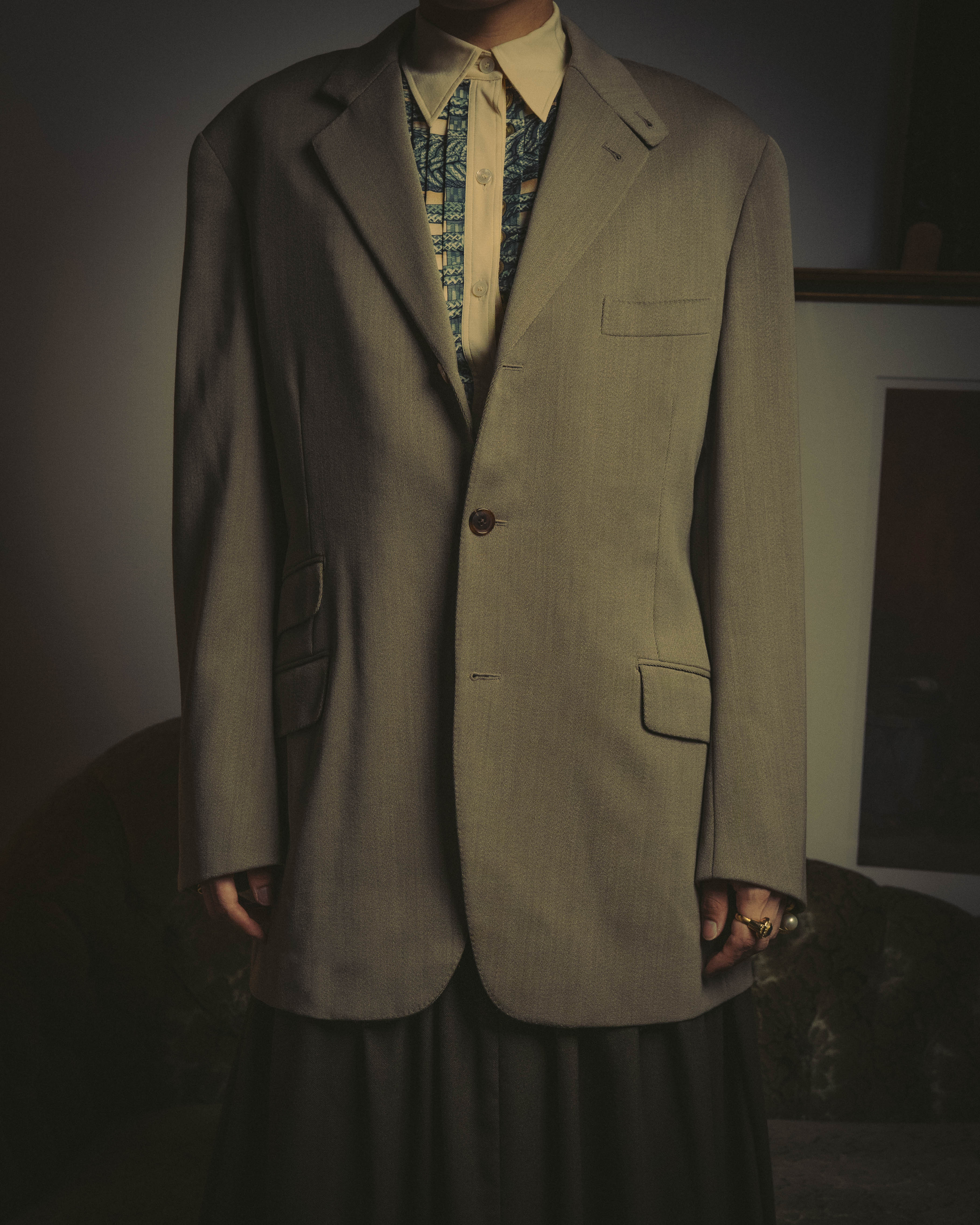 -SPECIAL- "Hermès" 80's-00's Leather collar tailored blazer