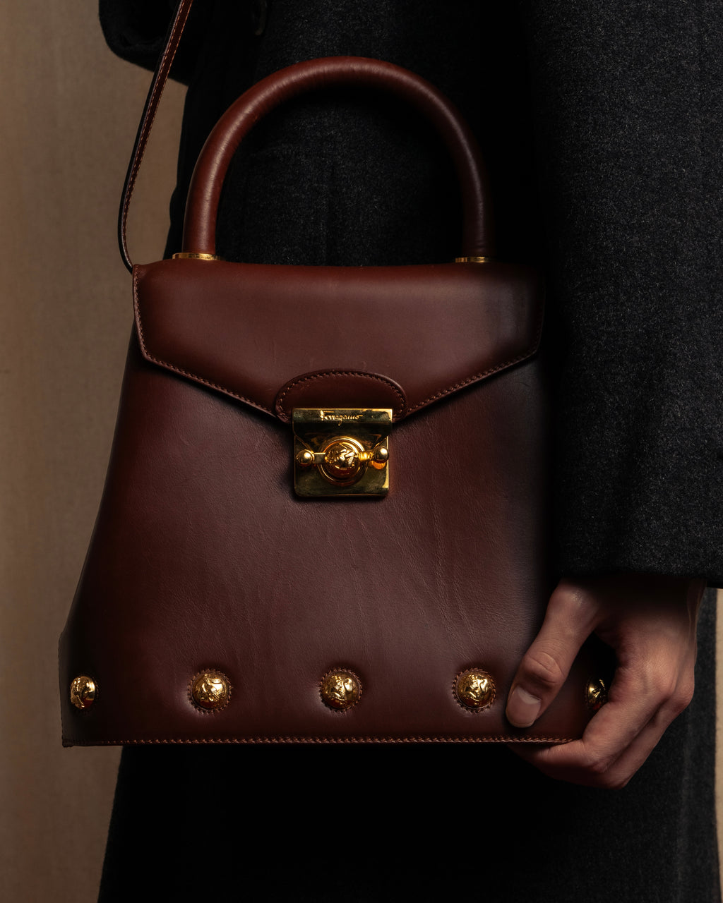 "Salvatore Ferragamo" Coin motif metal design leather hand bag