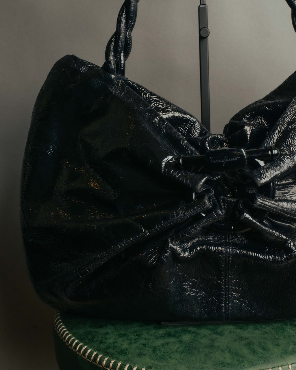 "Salvatore Ferragamo" 00's Vintage crushed patent leather braided handle hobo bag