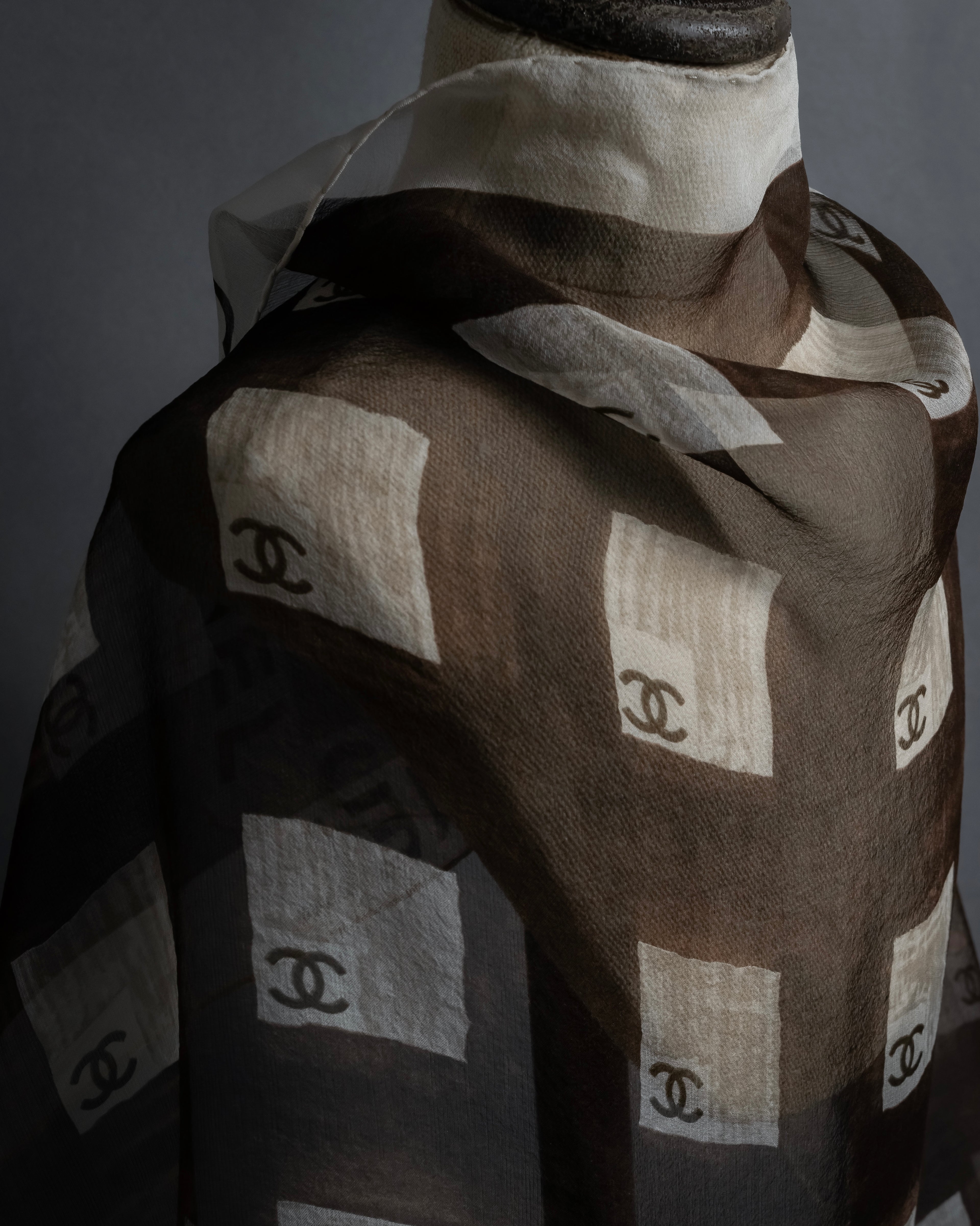 "CHANEL" 90's Square icon logo pattern sheer silk scarf