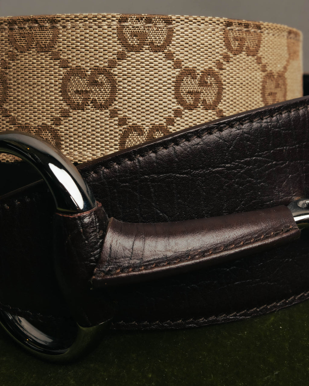 "GUCCI" 00's Large horsebit GG canvas wide waist belt