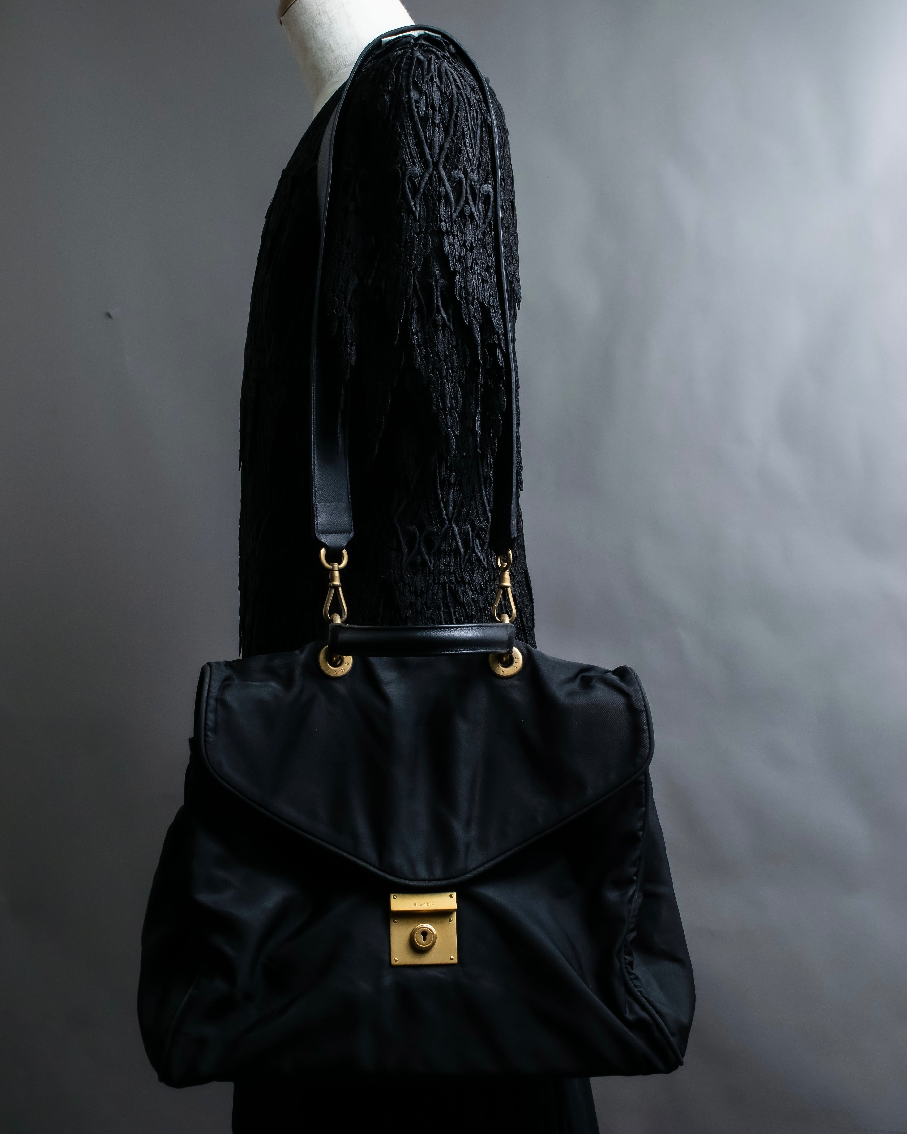 “JIL SANDER” Gold buckle 2 way nylon hand bag