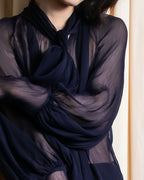 "HERMES" Bowtie detail balloon sleeve sheer pullover