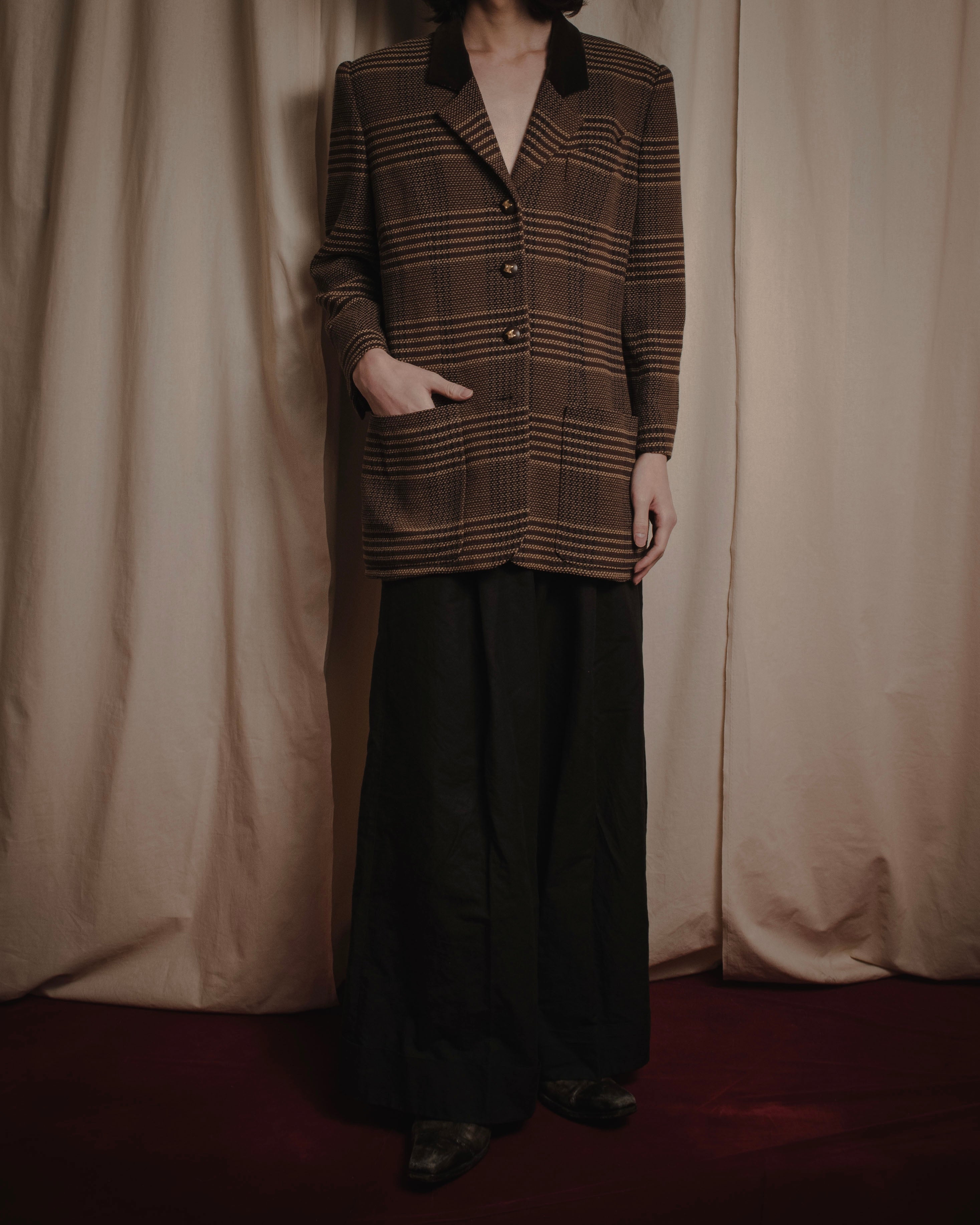 "CELINE" Late 80s–Early 90s velvet-collar woven jacket