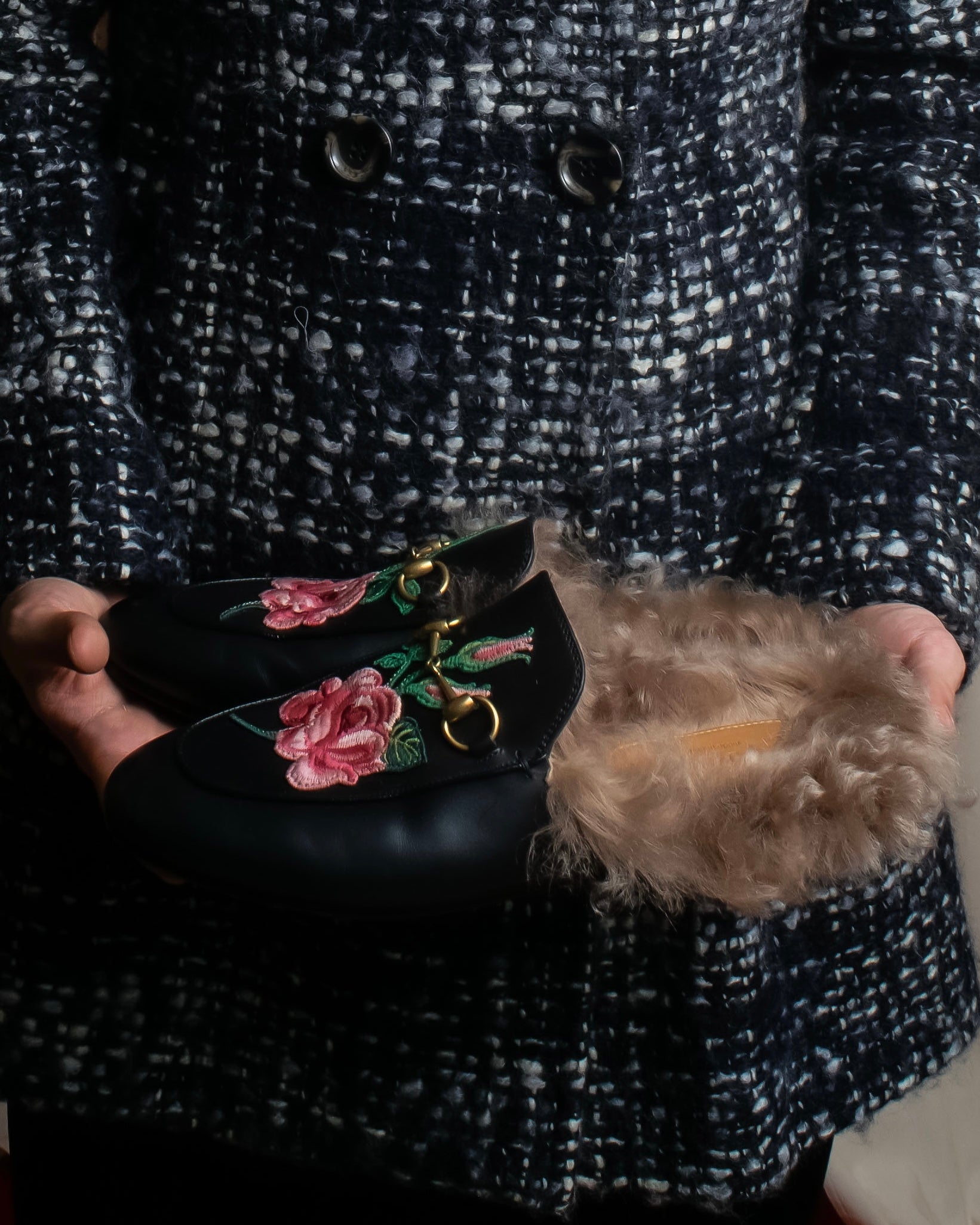 "GUCCI" Rose＆leaf embroidery princetown loafers