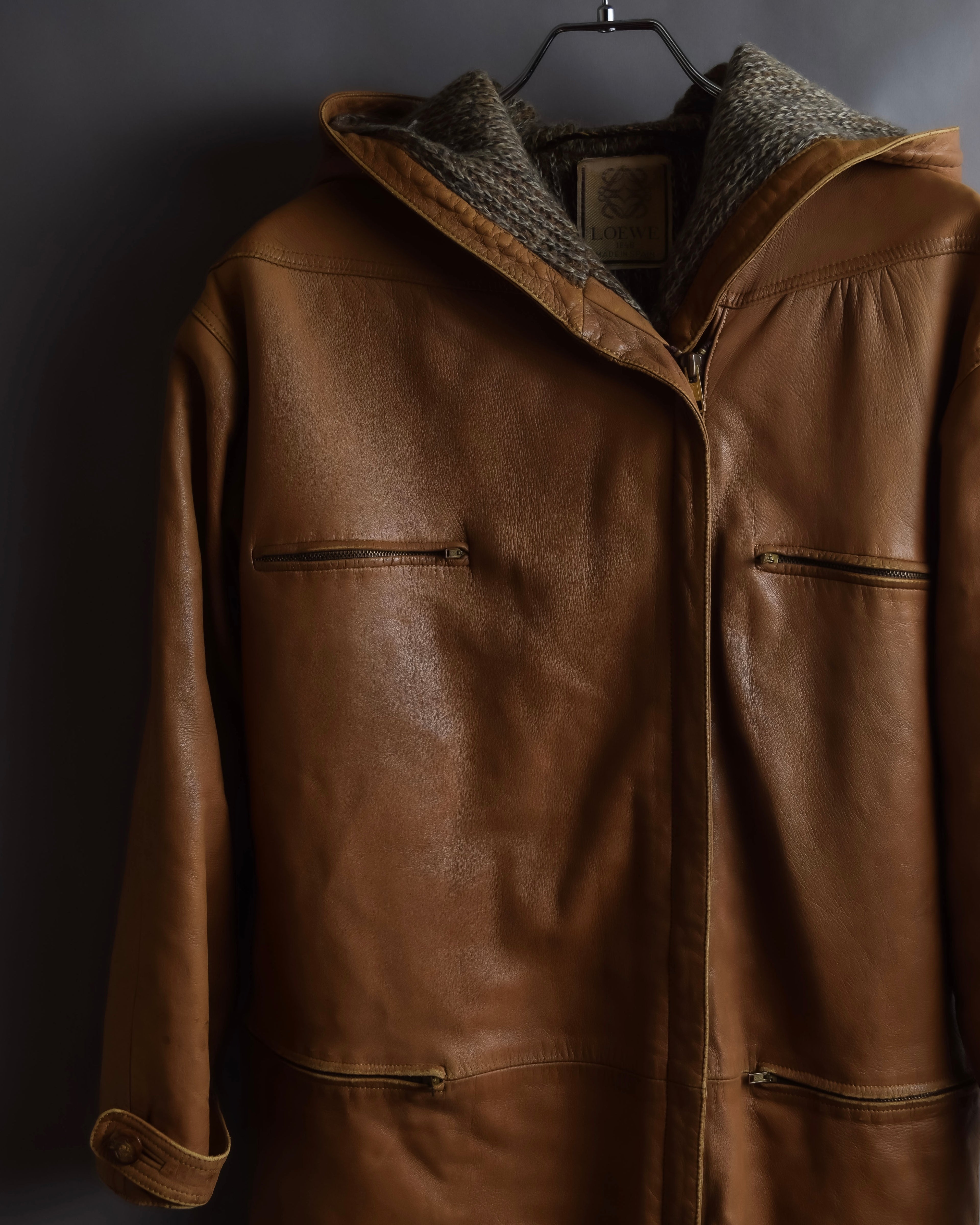 "LOEWE" 80-90's Vintage texture leather zip hoodie