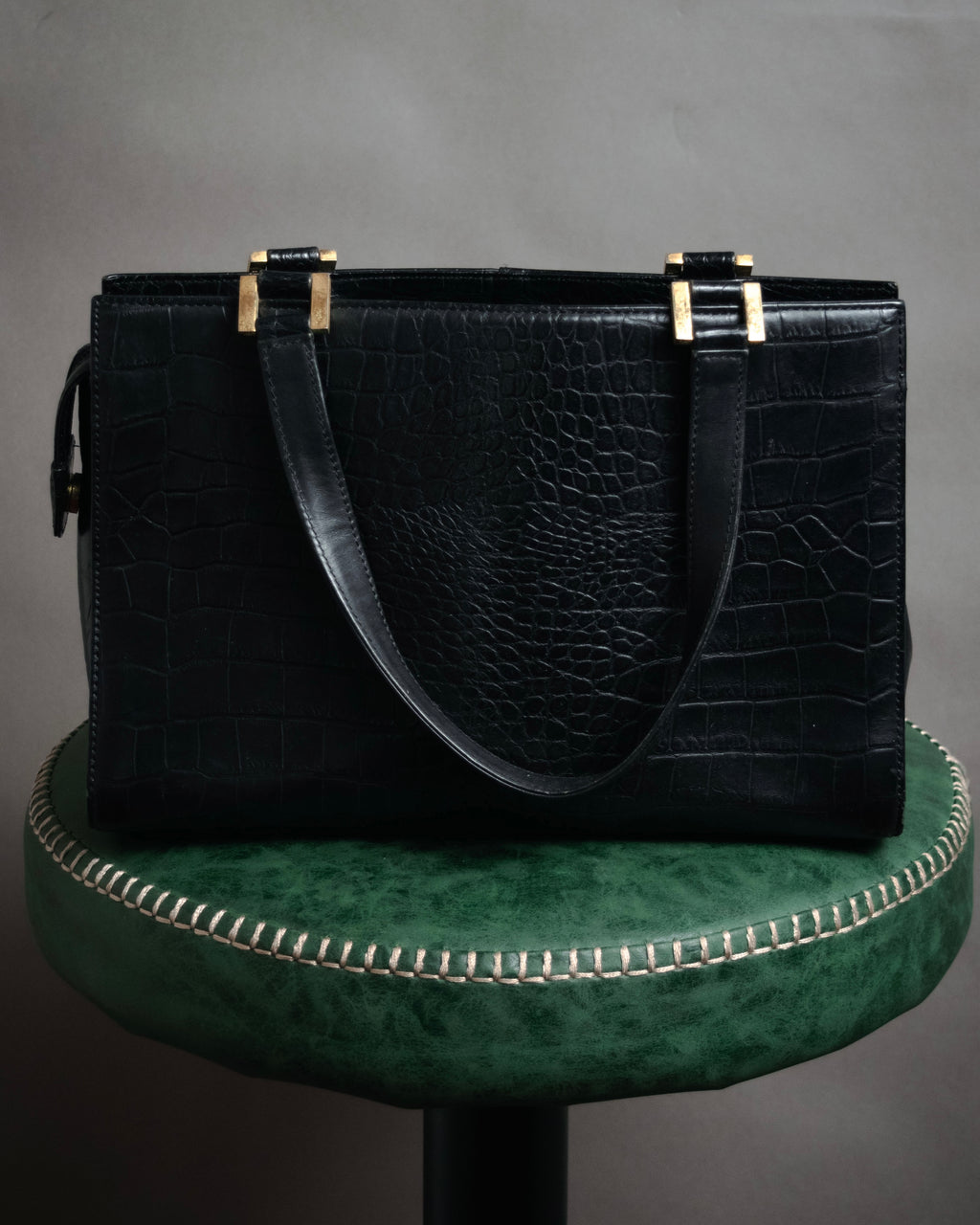 “YVES SAINT LAURENT” 90’s–Early 00’s Croc embossed leather woven stitch tote bag