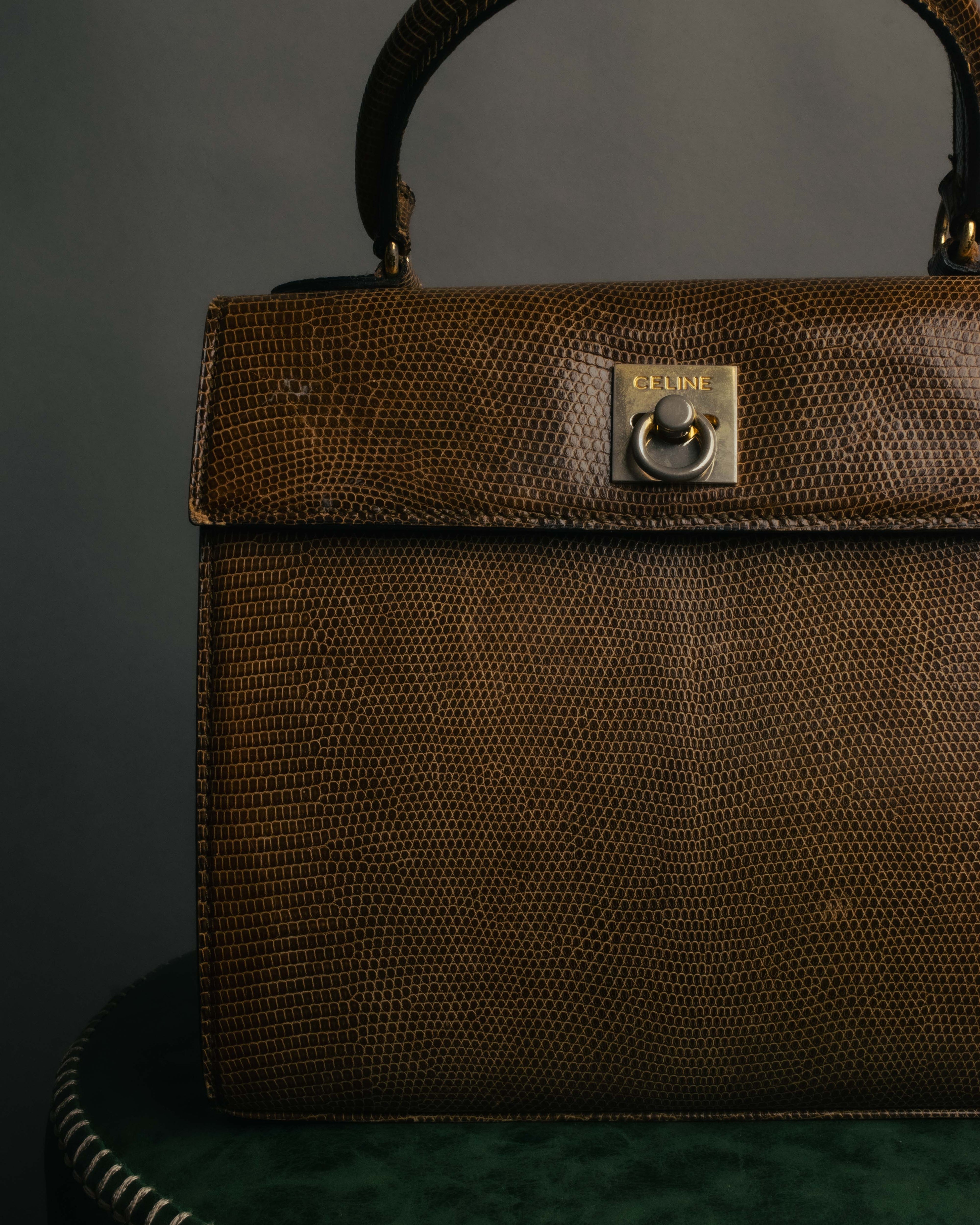 "CELINE" 70's-80's Structured lizard embossed leather top handle handbag
