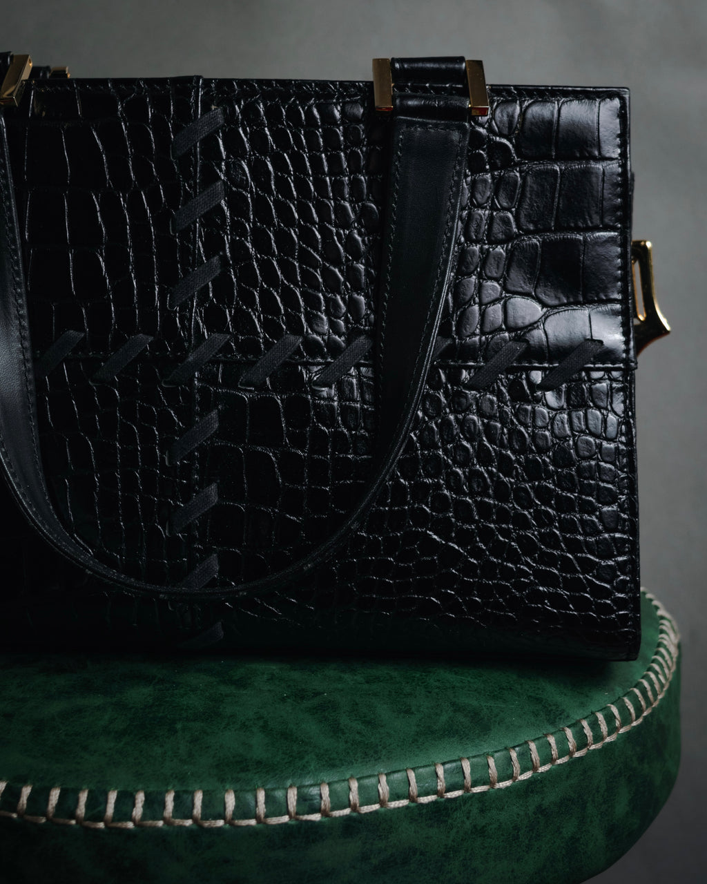 "YVES SAINT LAURENT" 90’s crocodile embossed lace up handbag