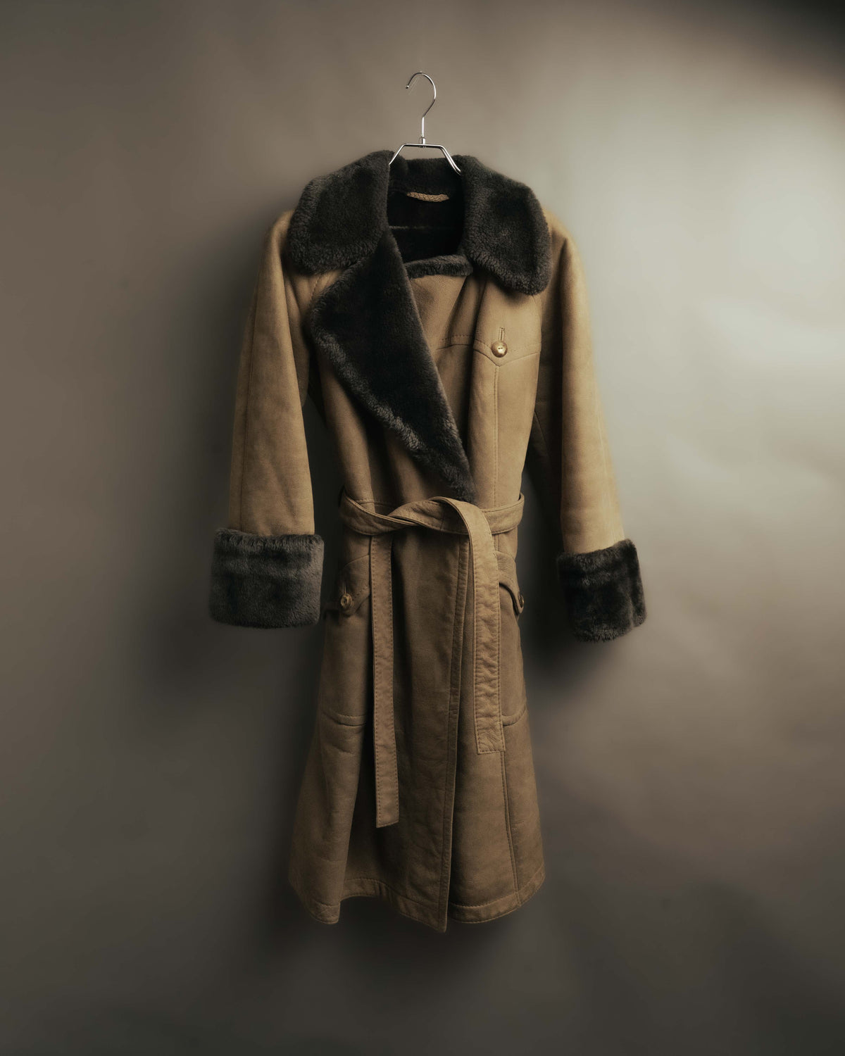 “LOEWE” 70’s-early 90’s Suede shearling belted long coat