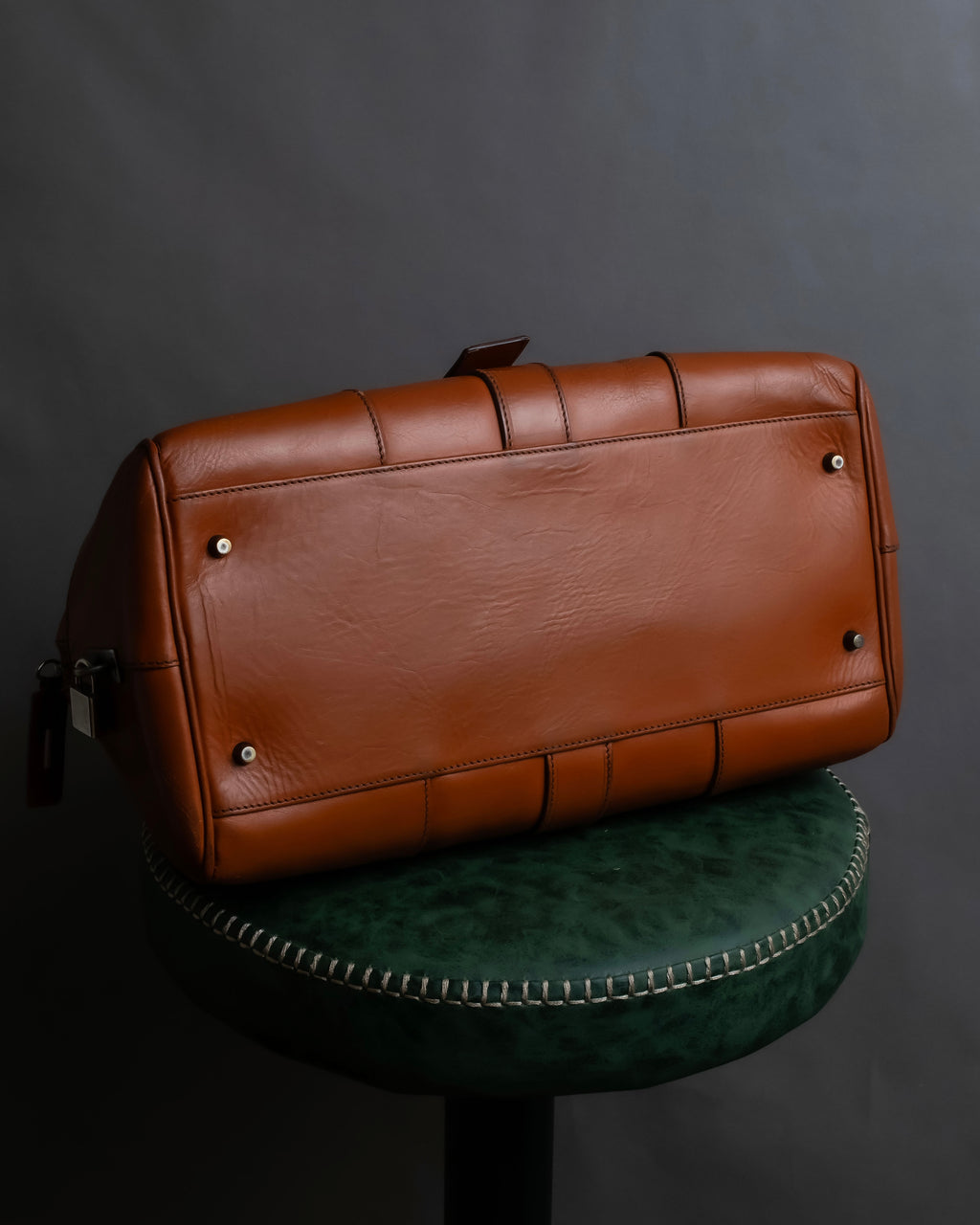 "PRADA" Belt flap detail rounded boston leather bag