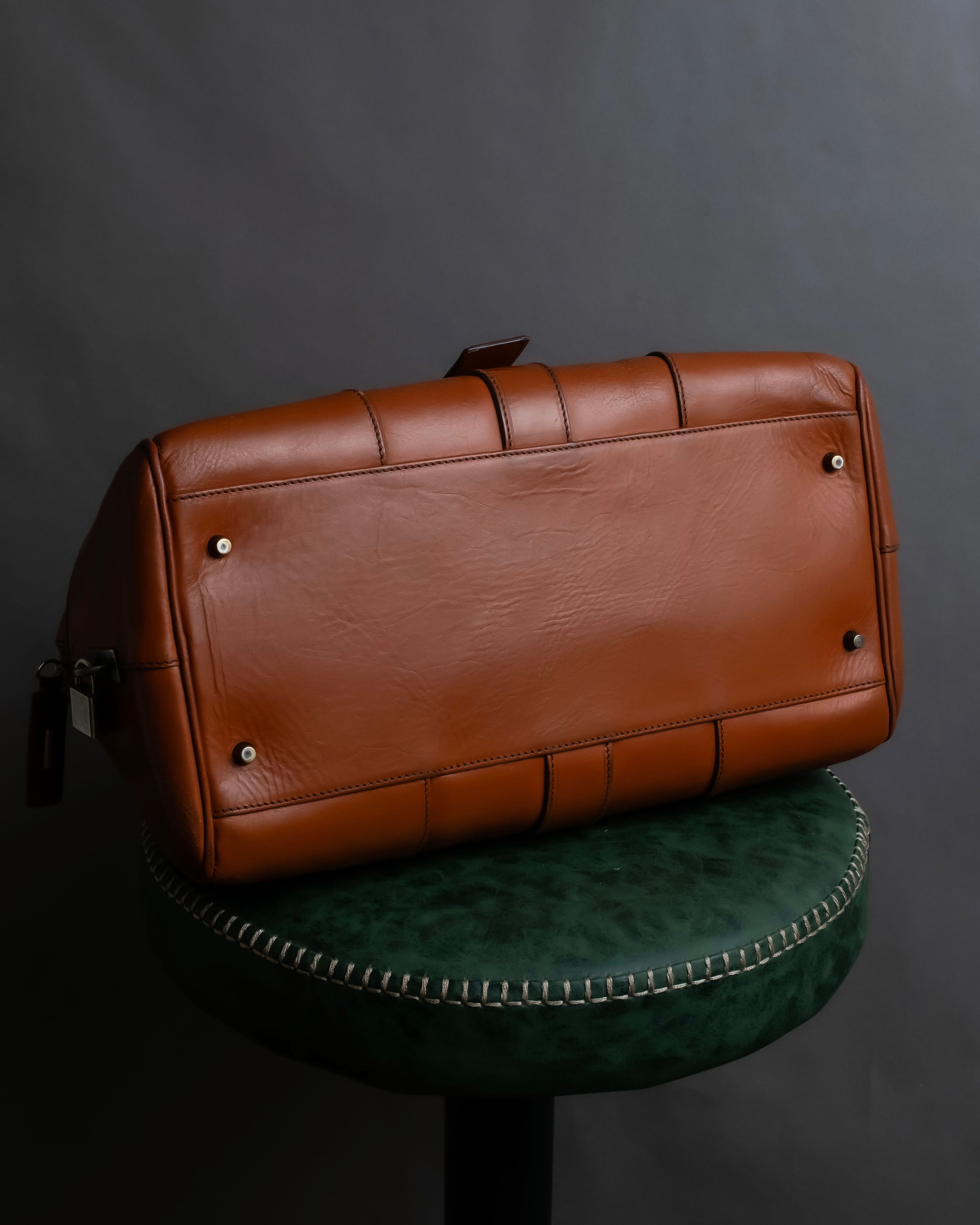 "PRADA" Belt flap detail rounded boston leather bag