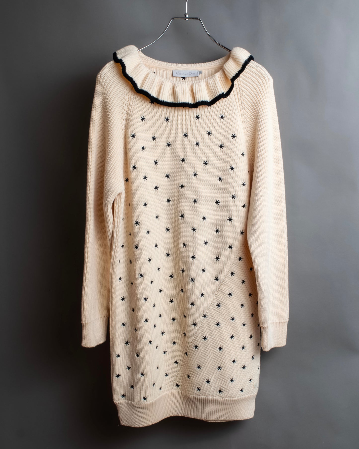 "Christian Dior" Star print frill detail cable knit tunic pullover