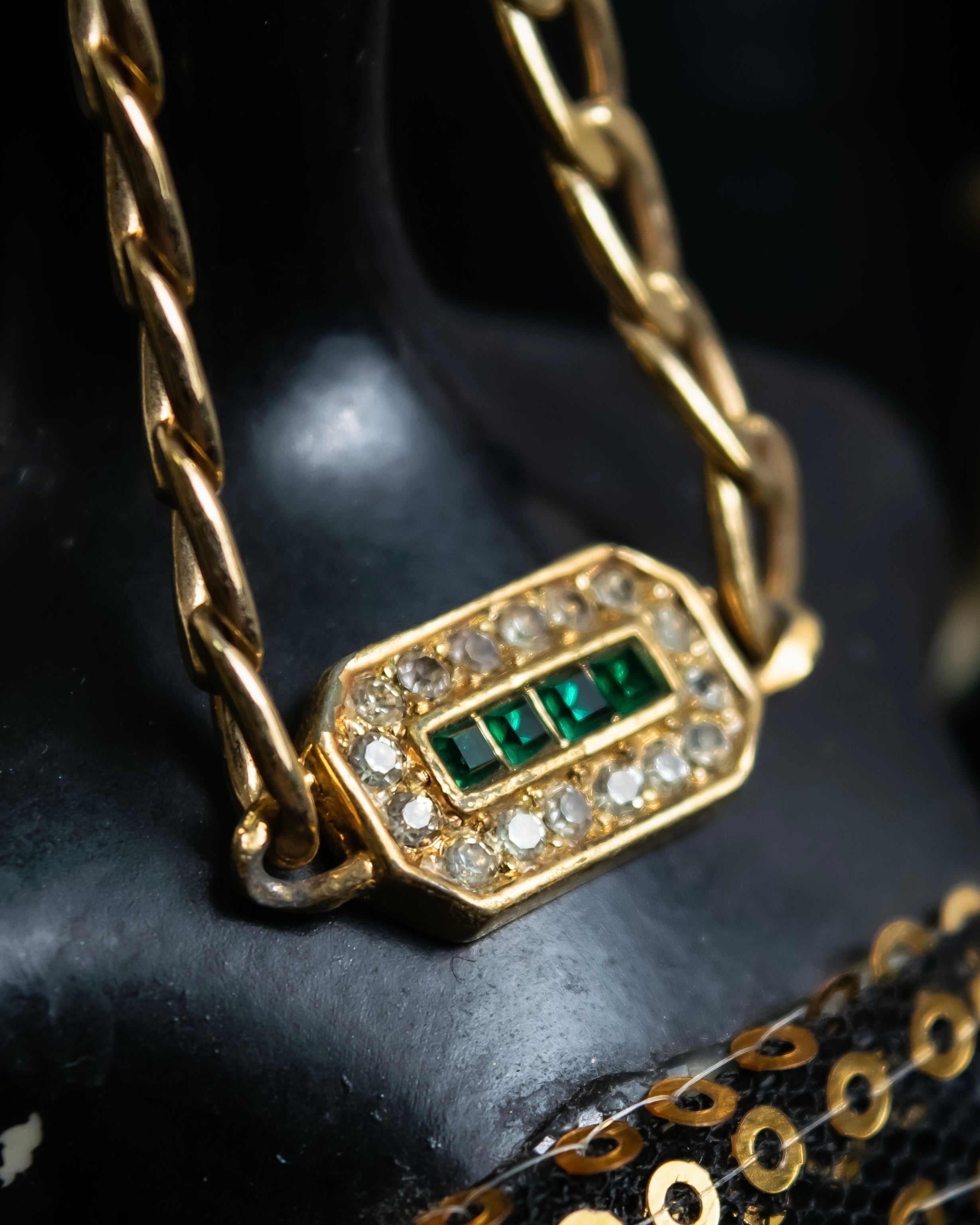 “Christian Dior” green & clear crystal designed gold chain bracelet