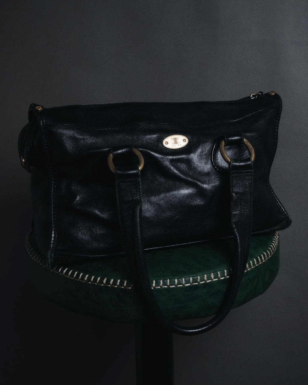 "CELINE" Leather double-pocket ring-hardware shoulder bag