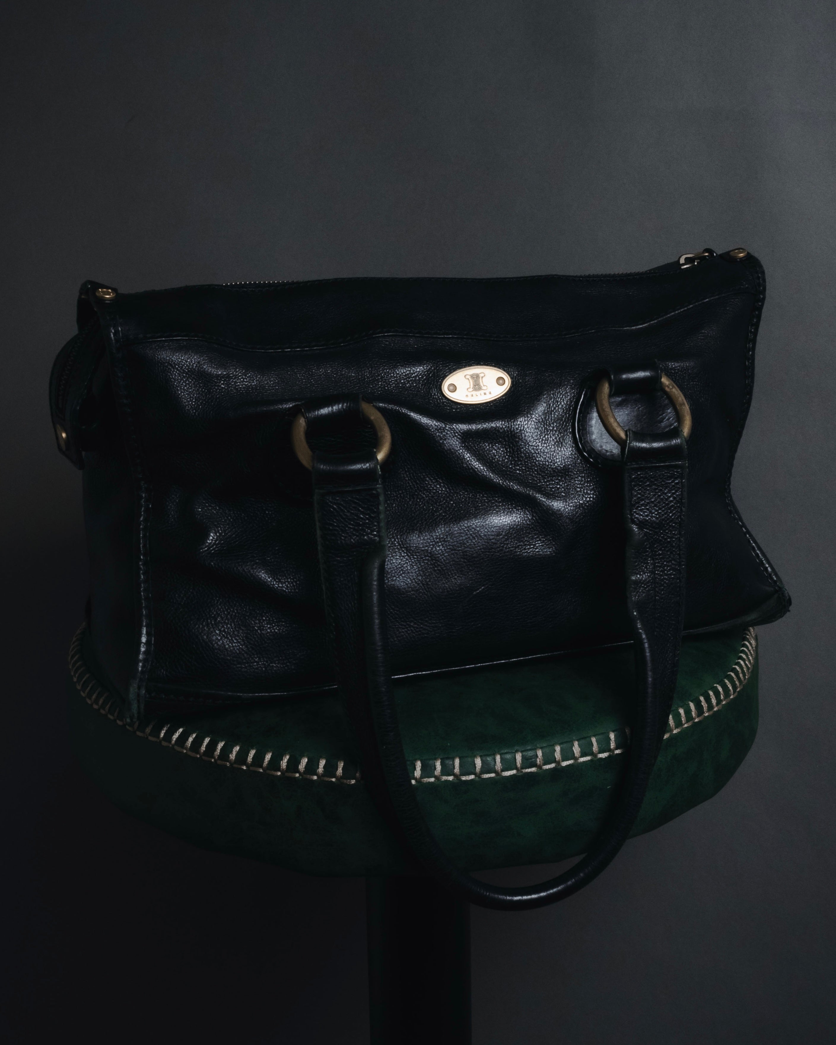 "CELINE" Leather double-pocket ring-hardware shoulder bag