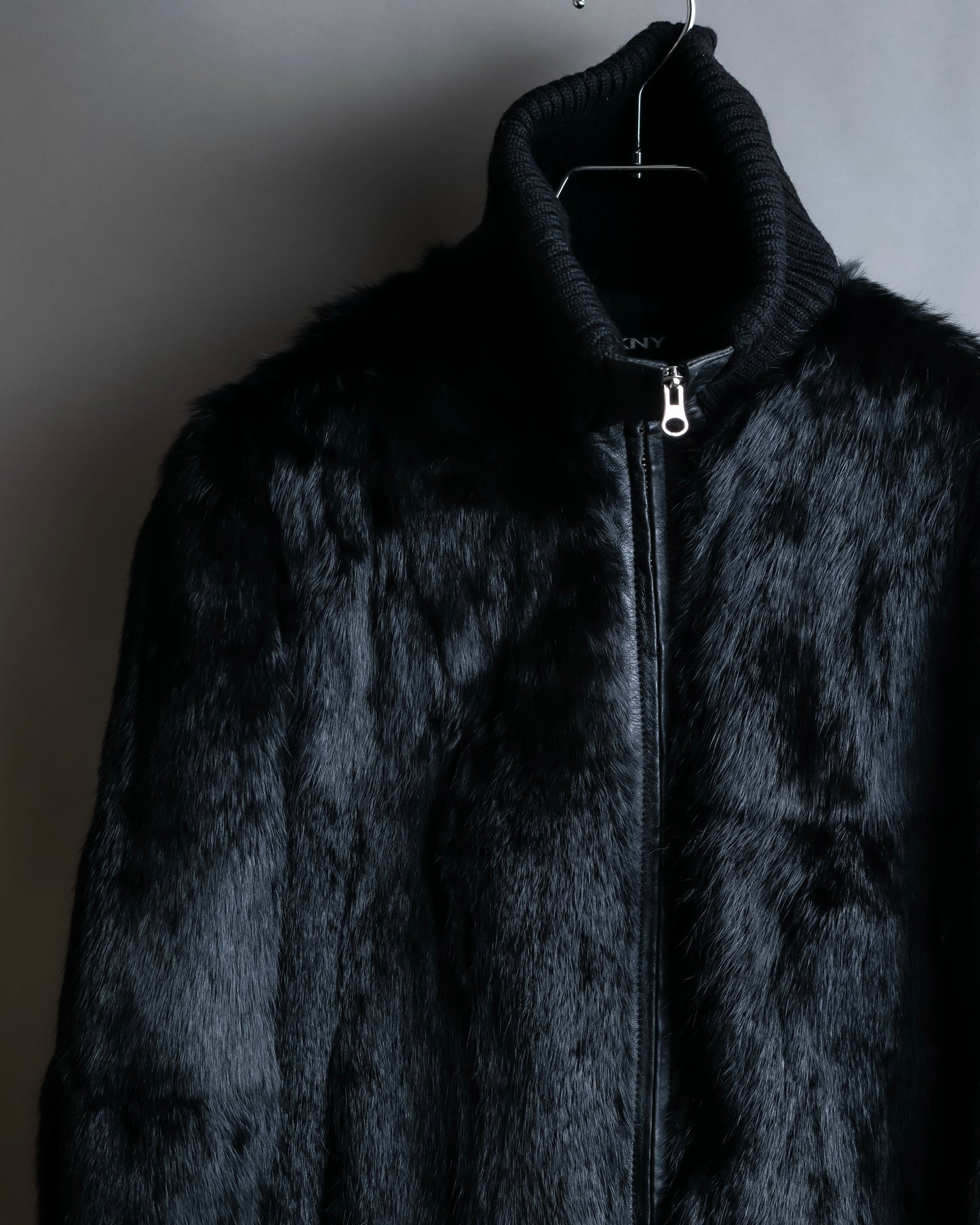 "DKNY" High neck ribbed fur double zip jacket