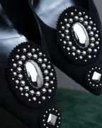 "HERMES" Jewelry design suede heel pumps