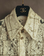 -SPECIAL- "CHANEL" 10's-20's Embellished floral lace and pearl check oversized shirt
