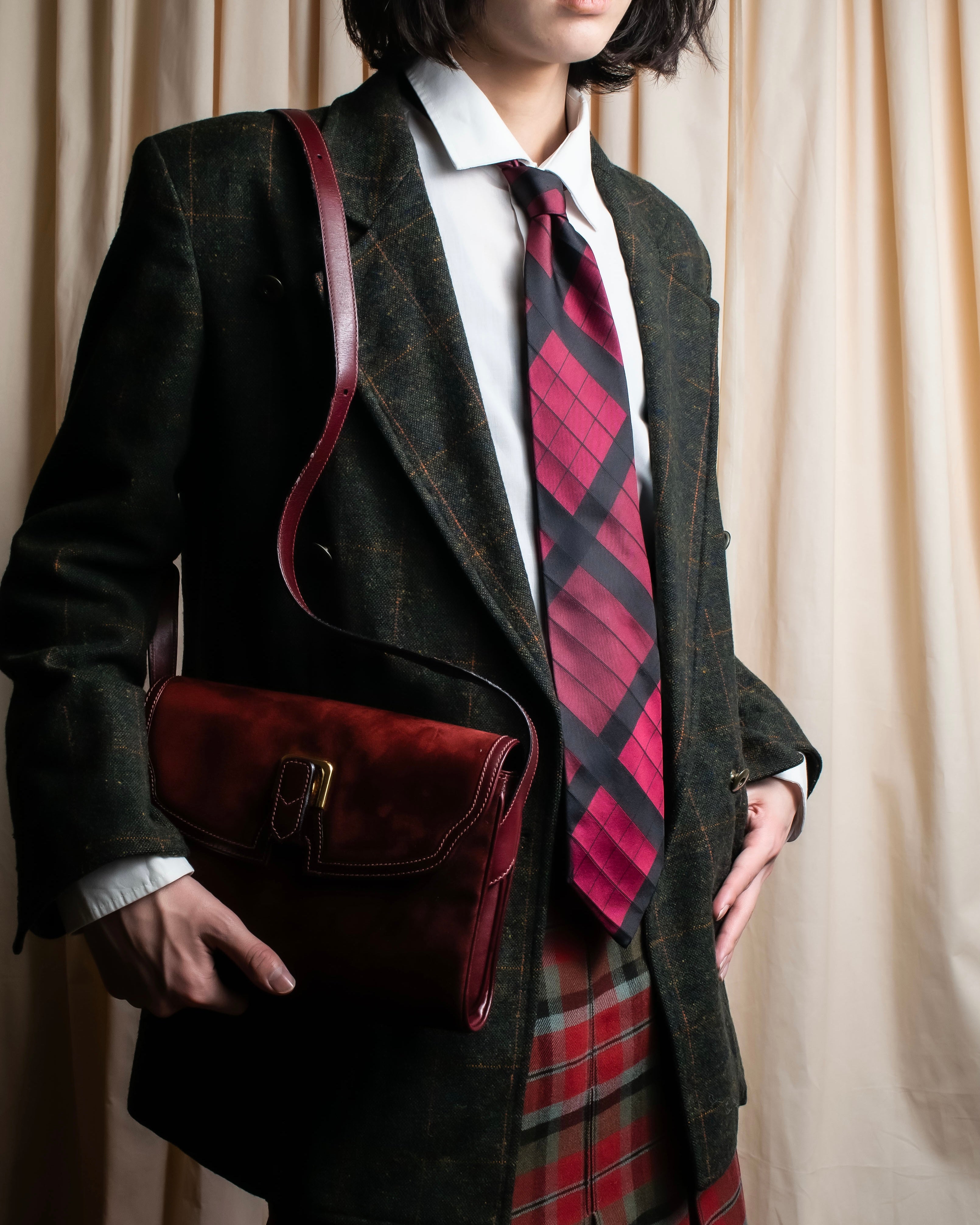 "GUCCI" Burgundy large check silk necktie