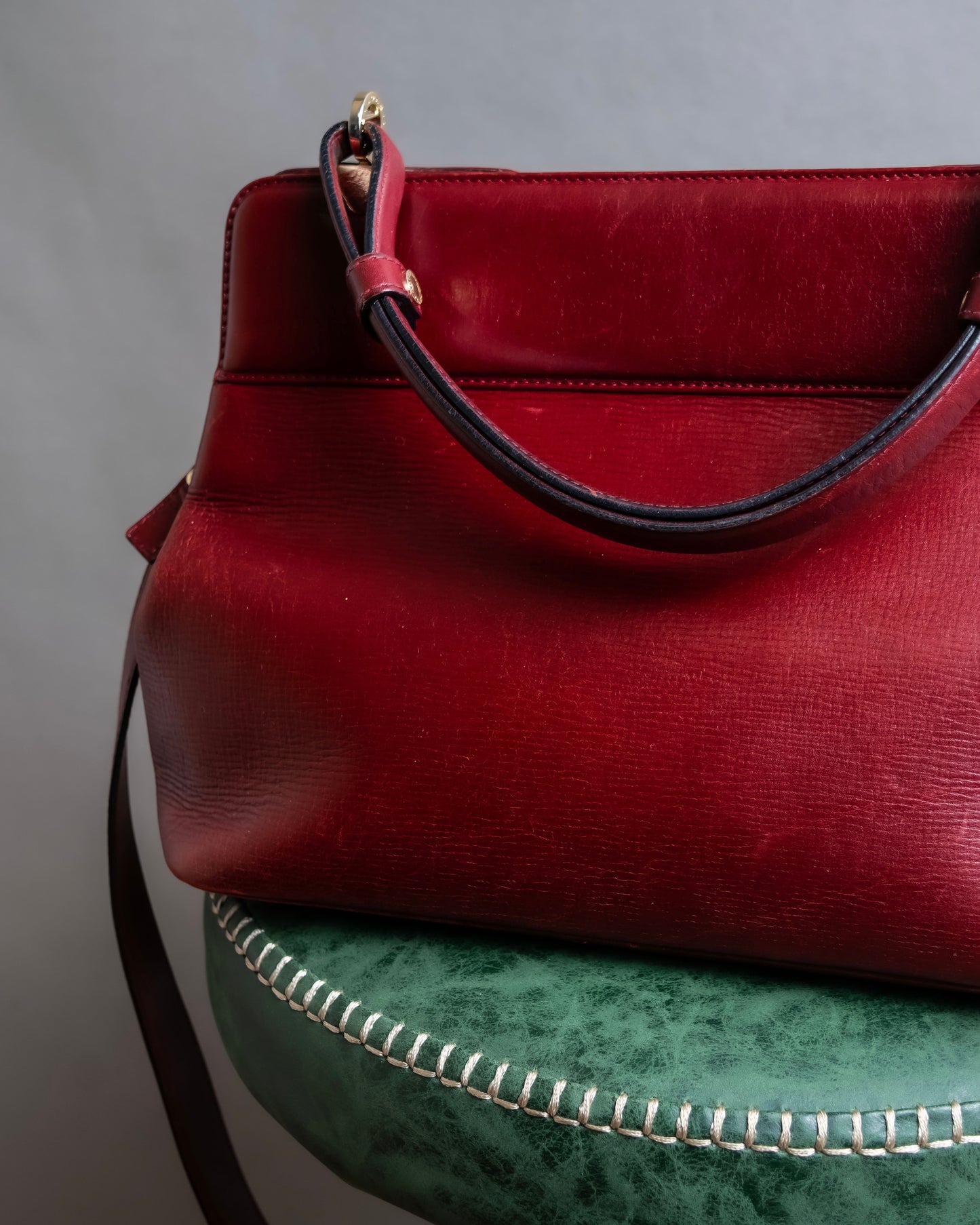 "BVLGARI" Marble motif burgundy color leather shoulder bag