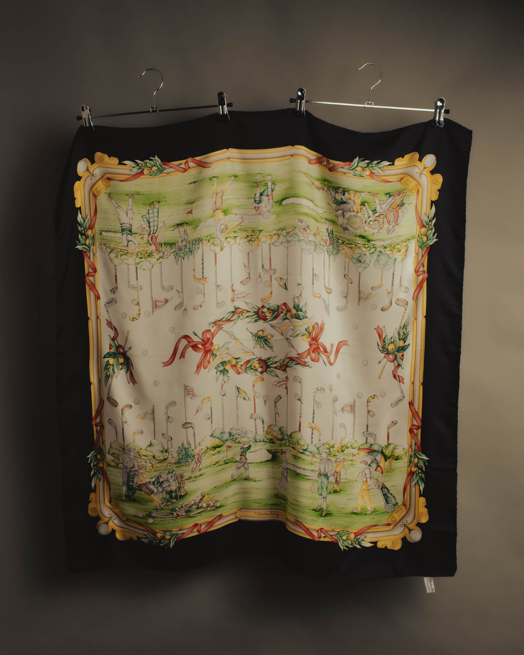 “Salvatore Ferragamo” 80’s-90’s Golf motif silk twill scarf