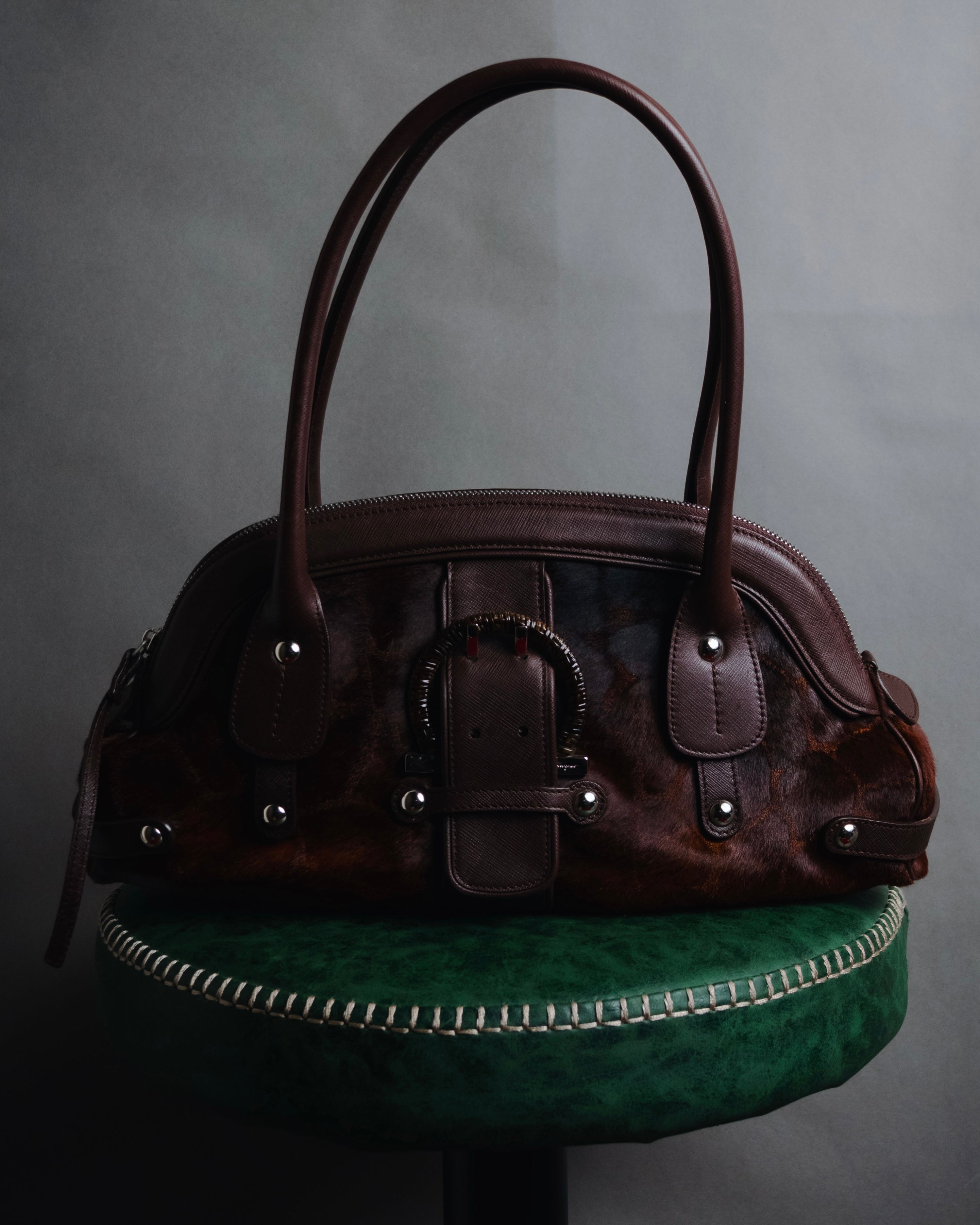 –SPECIAL– "Salvatore Ferragamo" 00’s calf hair gancini rattan accent handbag