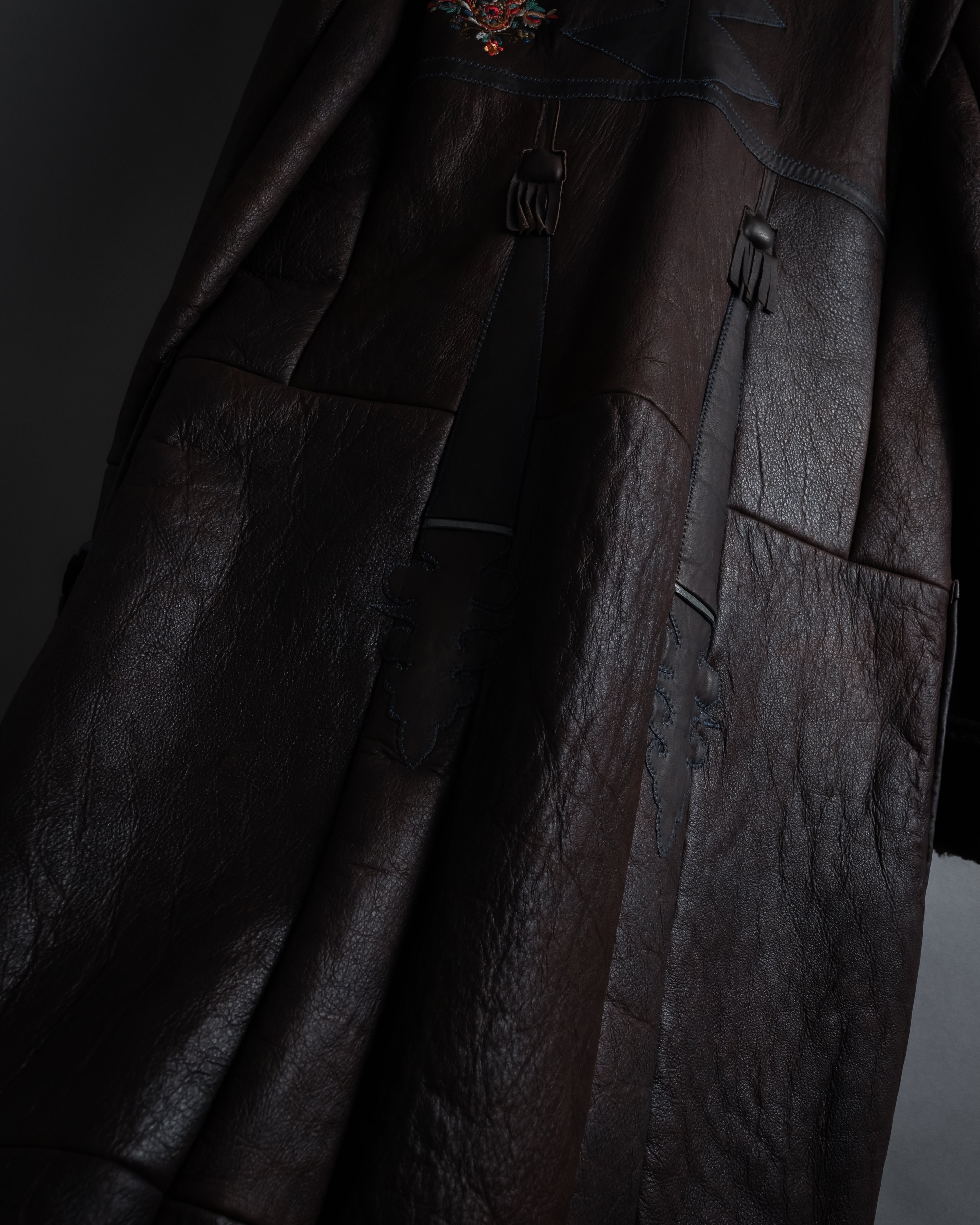 “KENZO” 80’s Folkloric shearling-lined leather long coat