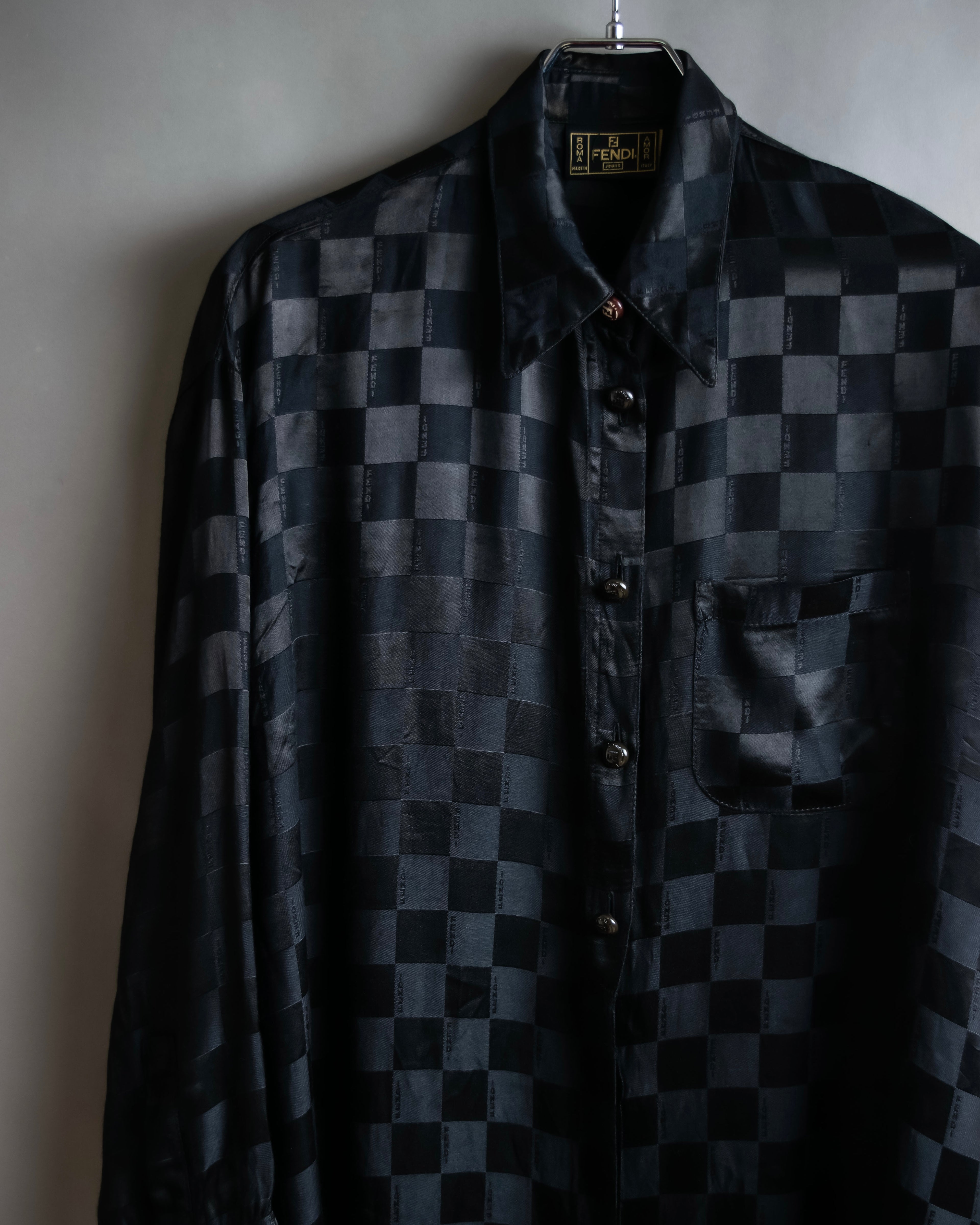 "FENDI JEANS" Logo engraved check pattern glossy shirt