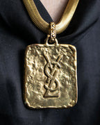 "Yves Saint Laurent" YSL logo plate gold necklace