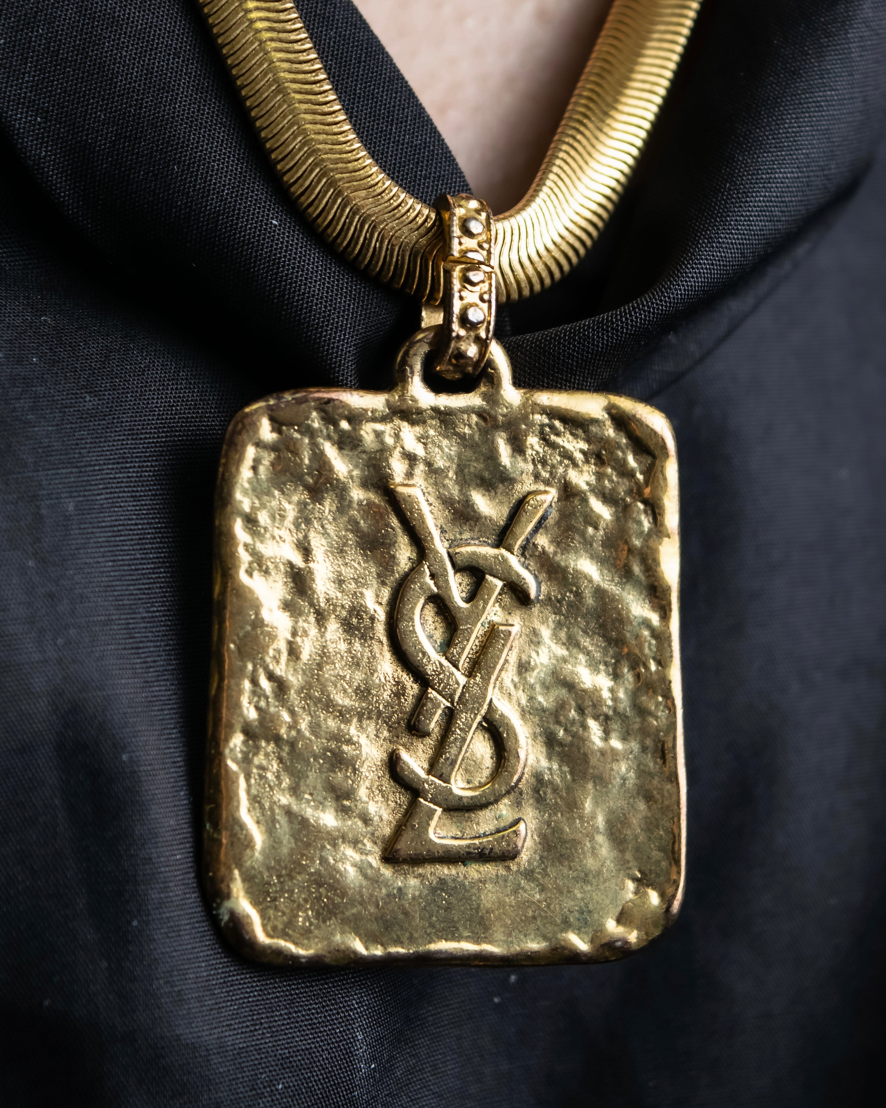 "Yves Saint Laurent" YSL logo plate gold necklace