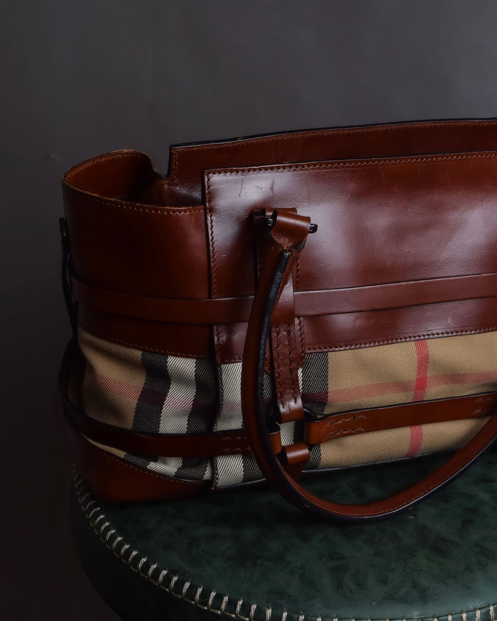 "BURBERRY" Harness detail check canvas leather bag