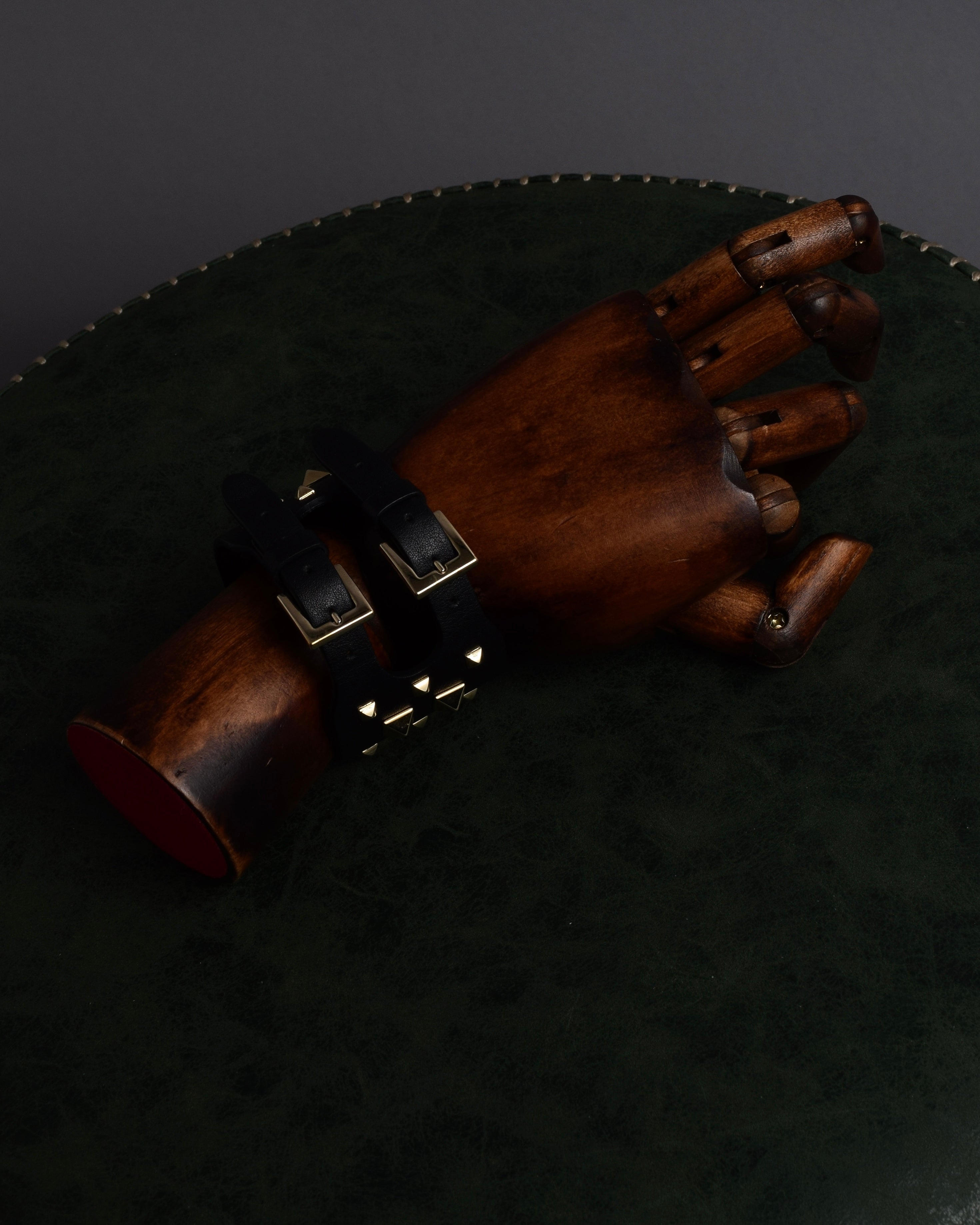 "VALENTINO" Pyramid stud design double buckle leather bracelet