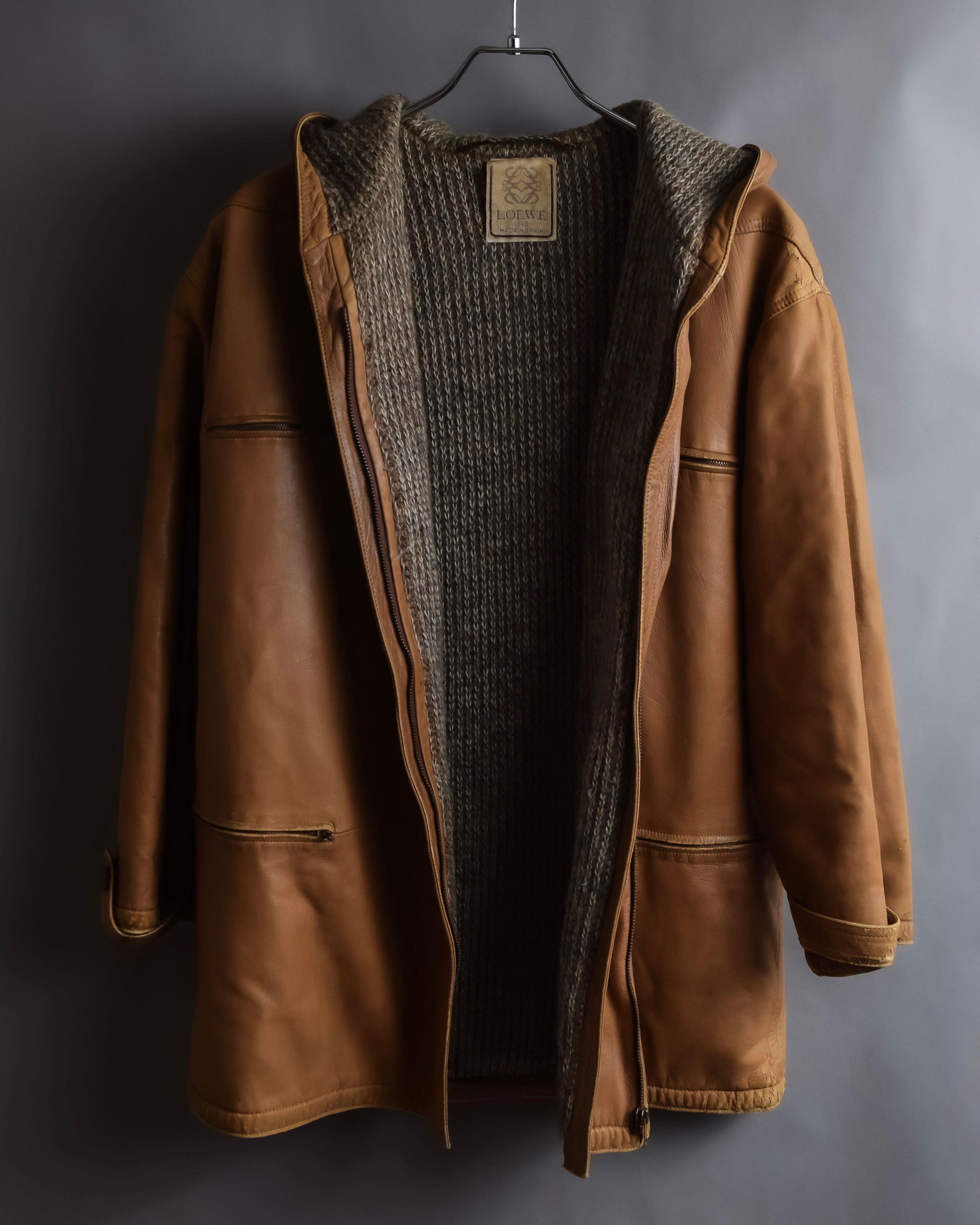 "LOEWE" 80-90's Vintage texture leather zip hoodie