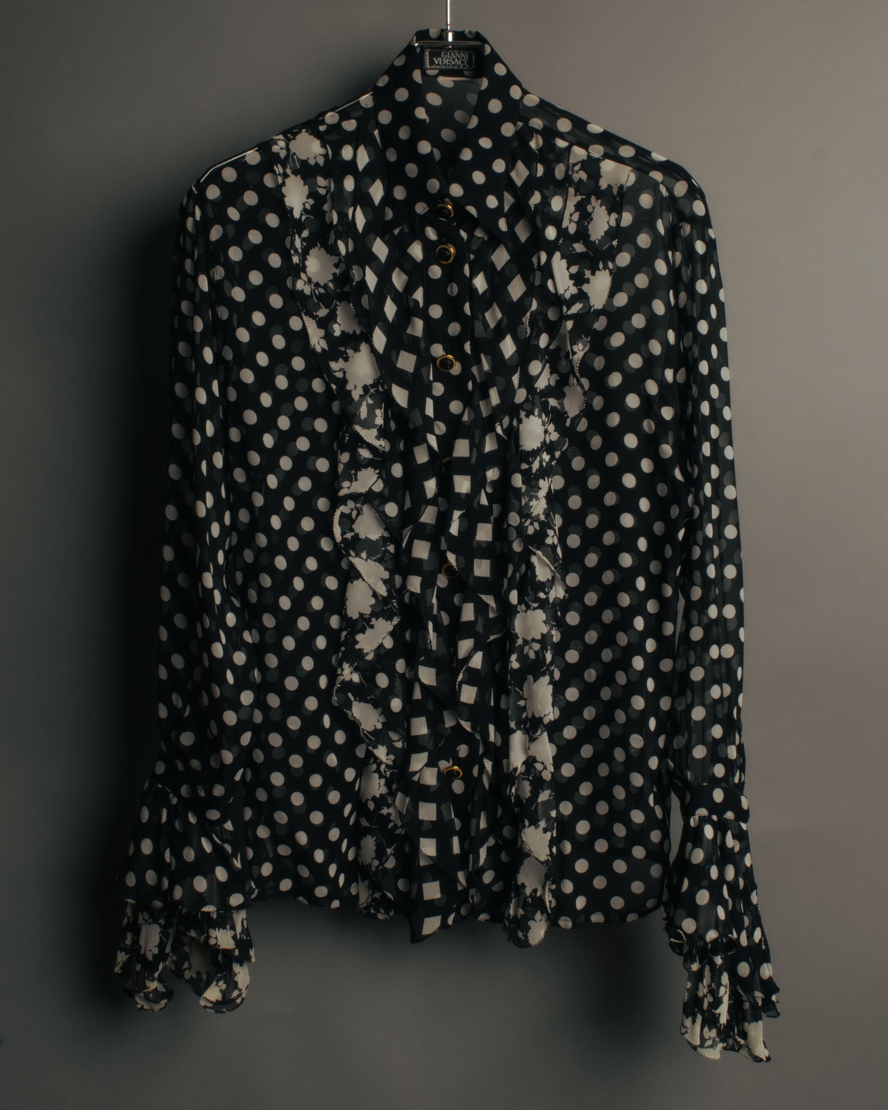 “GIANNI VERSACE COUTURE” 90’s Sheer mixed pattern ruffle blouse