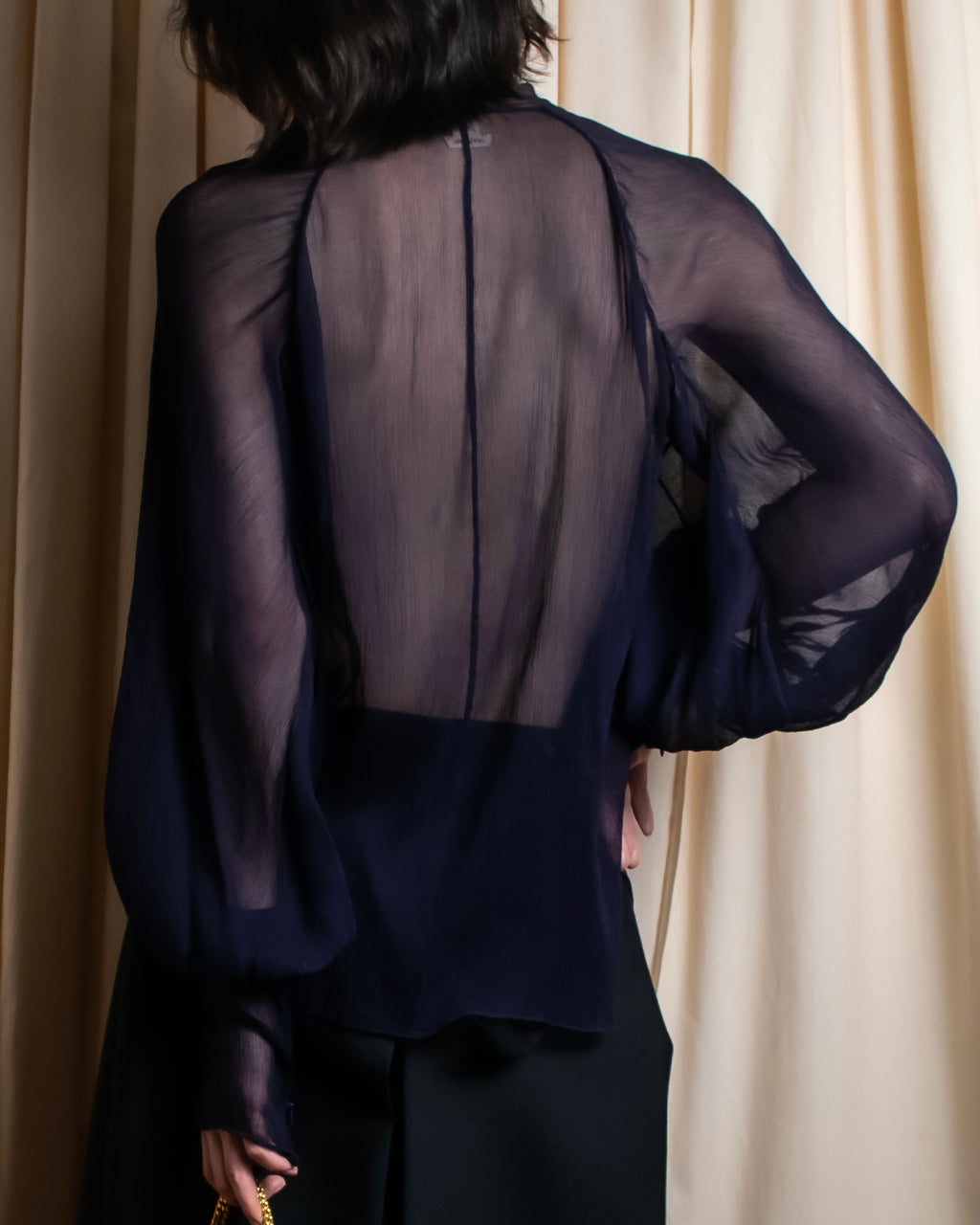 "HERMES" Bowtie detail balloon sleeve sheer pullover