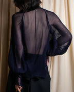 "HERMES" Bowtie detail balloon sleeve sheer pullover