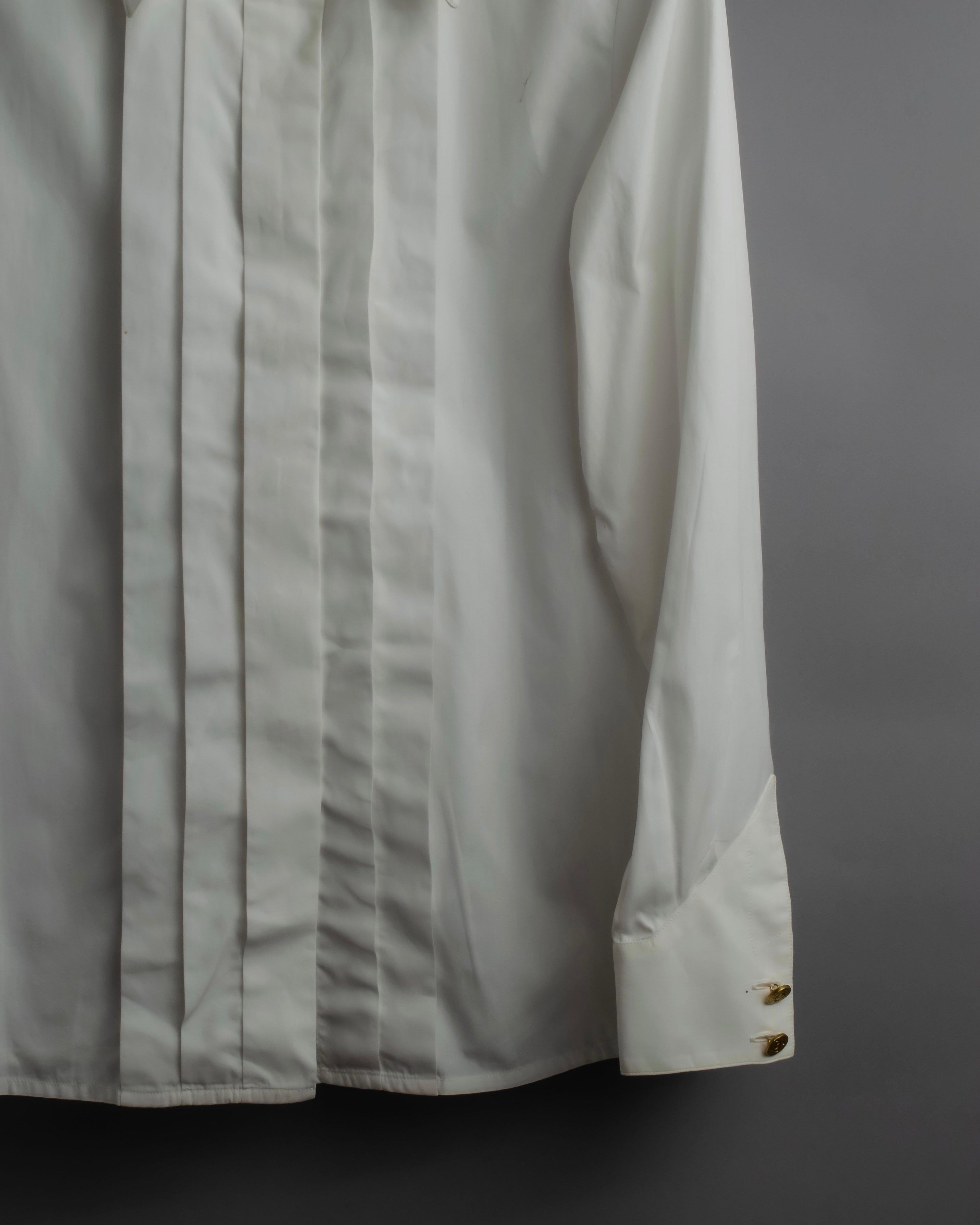 "CHANEL" Gold button design pleated white shirt