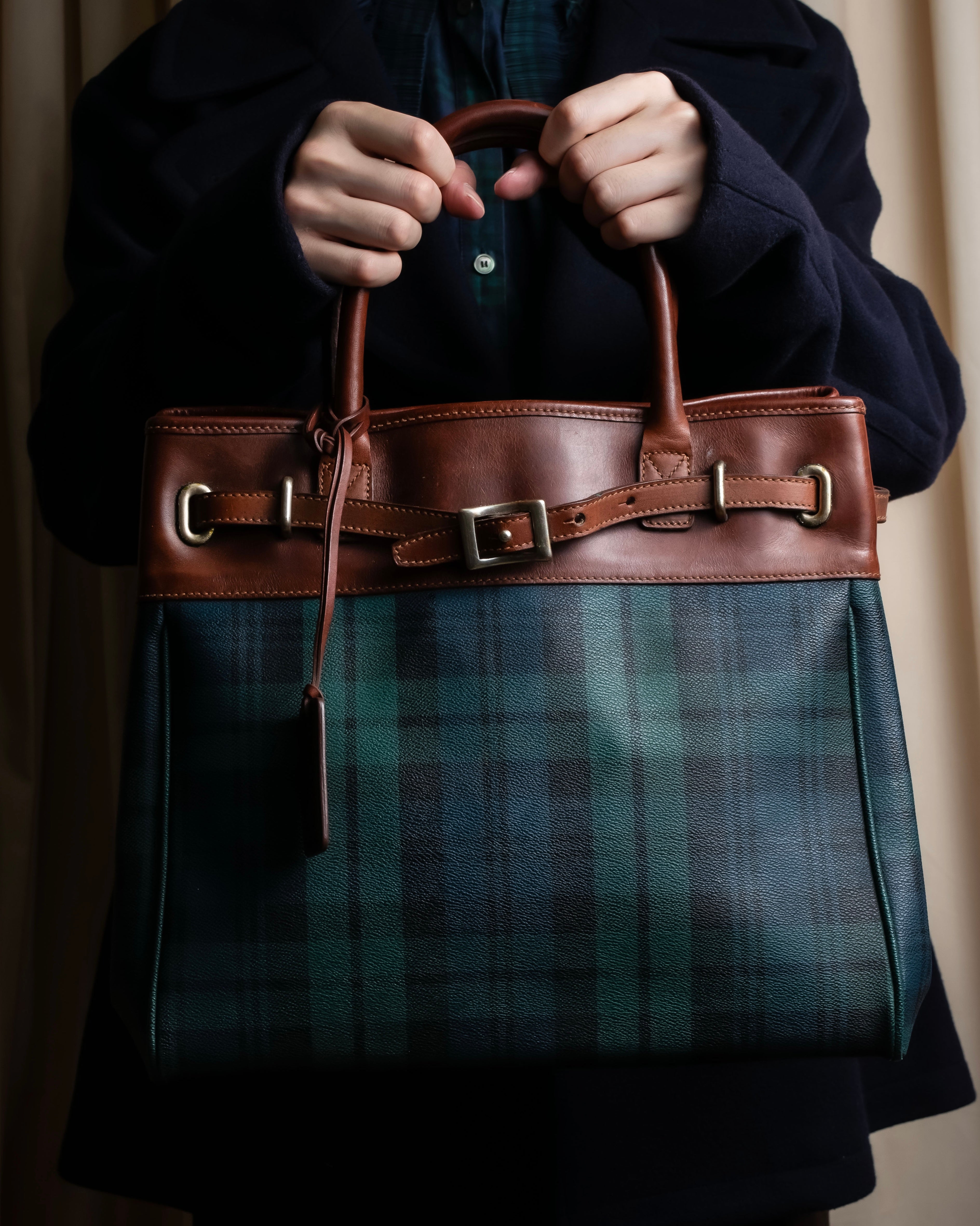 "Ralph Lauren" Blackwatch check canvas leather combination bag