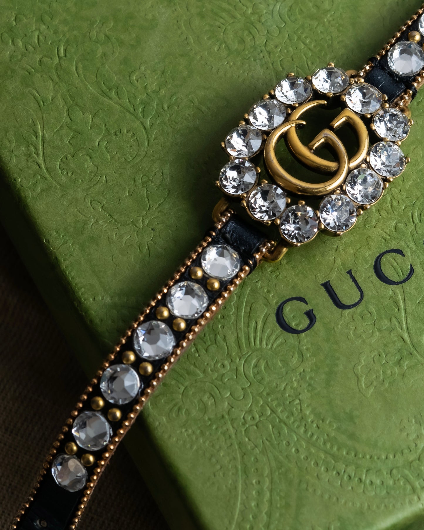 "GUCCI" Double G motif rhinestone leather bracelet