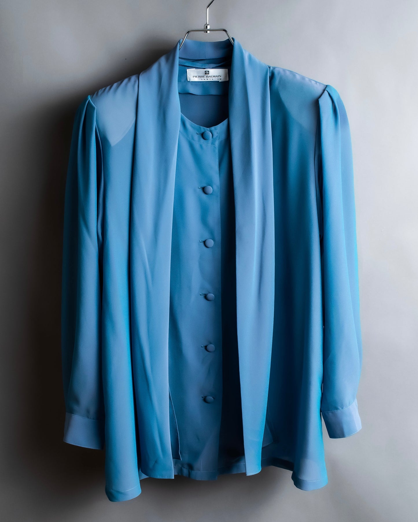 "PIERRE BALMAIN" Beautiful light blue color sheer bowtie blouse