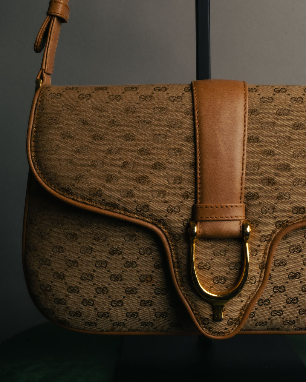 "GUCCI" 70's-80's Micro GG monogram canvas shoulder bag with stirrup hardware