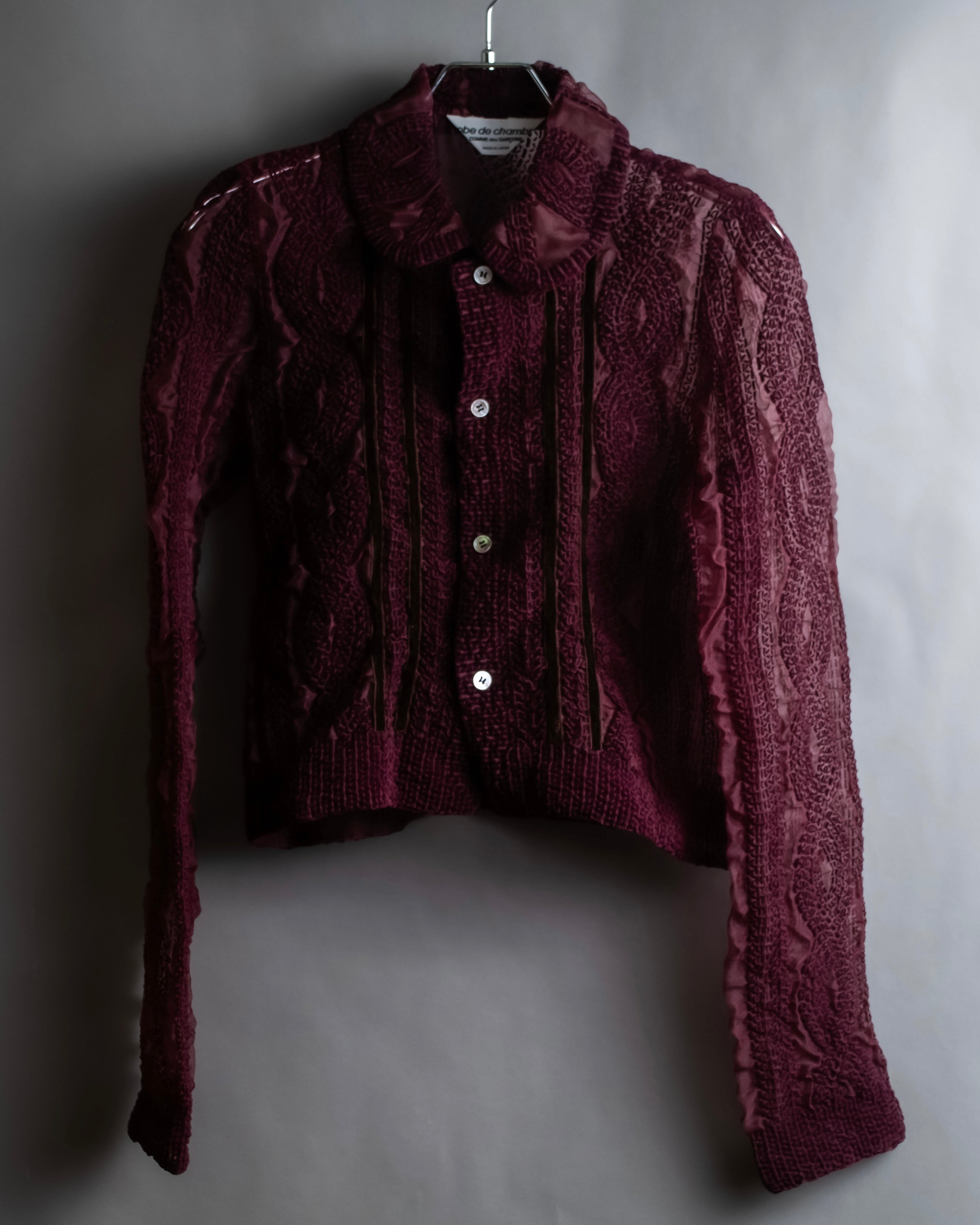 "robe de chambre COMME des GARCONS" Cable knit sheer shirt collar cardigan
