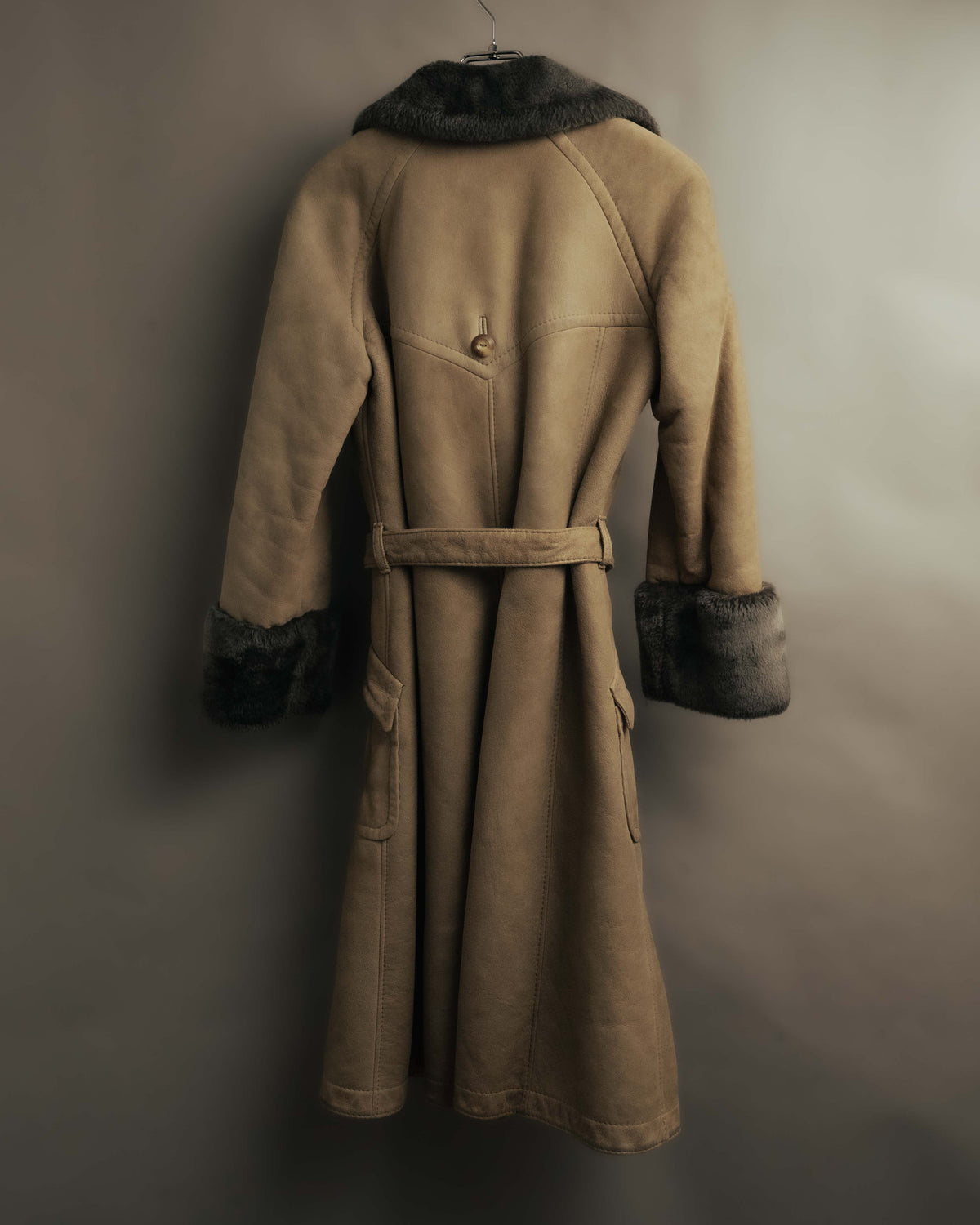 “LOEWE” 70’s-early 90’s Suede shearling belted long coat