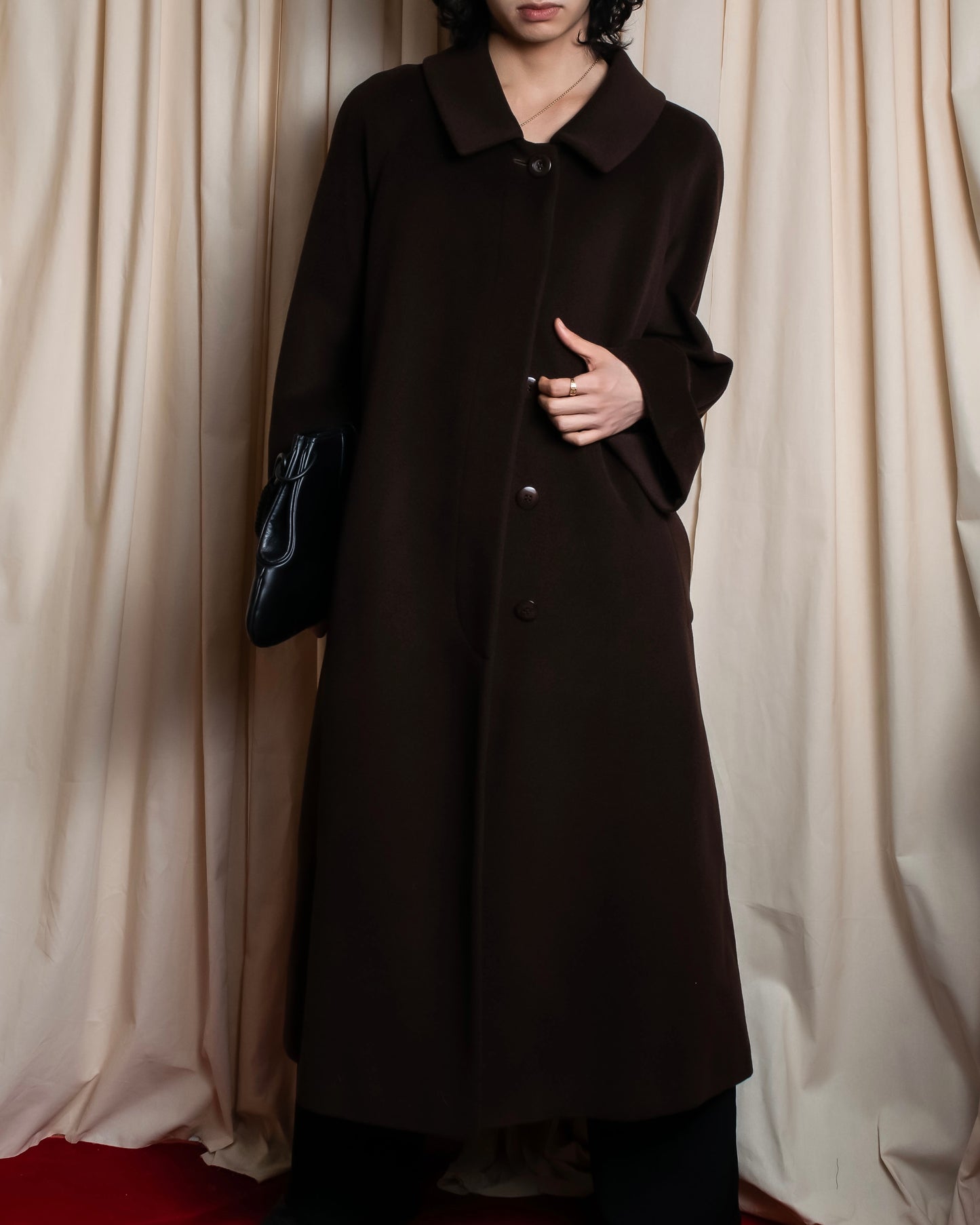 "BURBERRYS" Fly front deep brown soutien collar super long coat