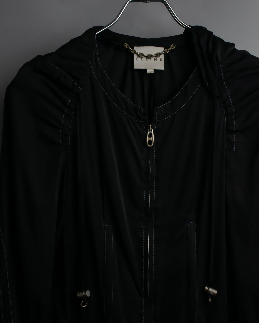 "CELINE" Gathered design hooded double zipper dress