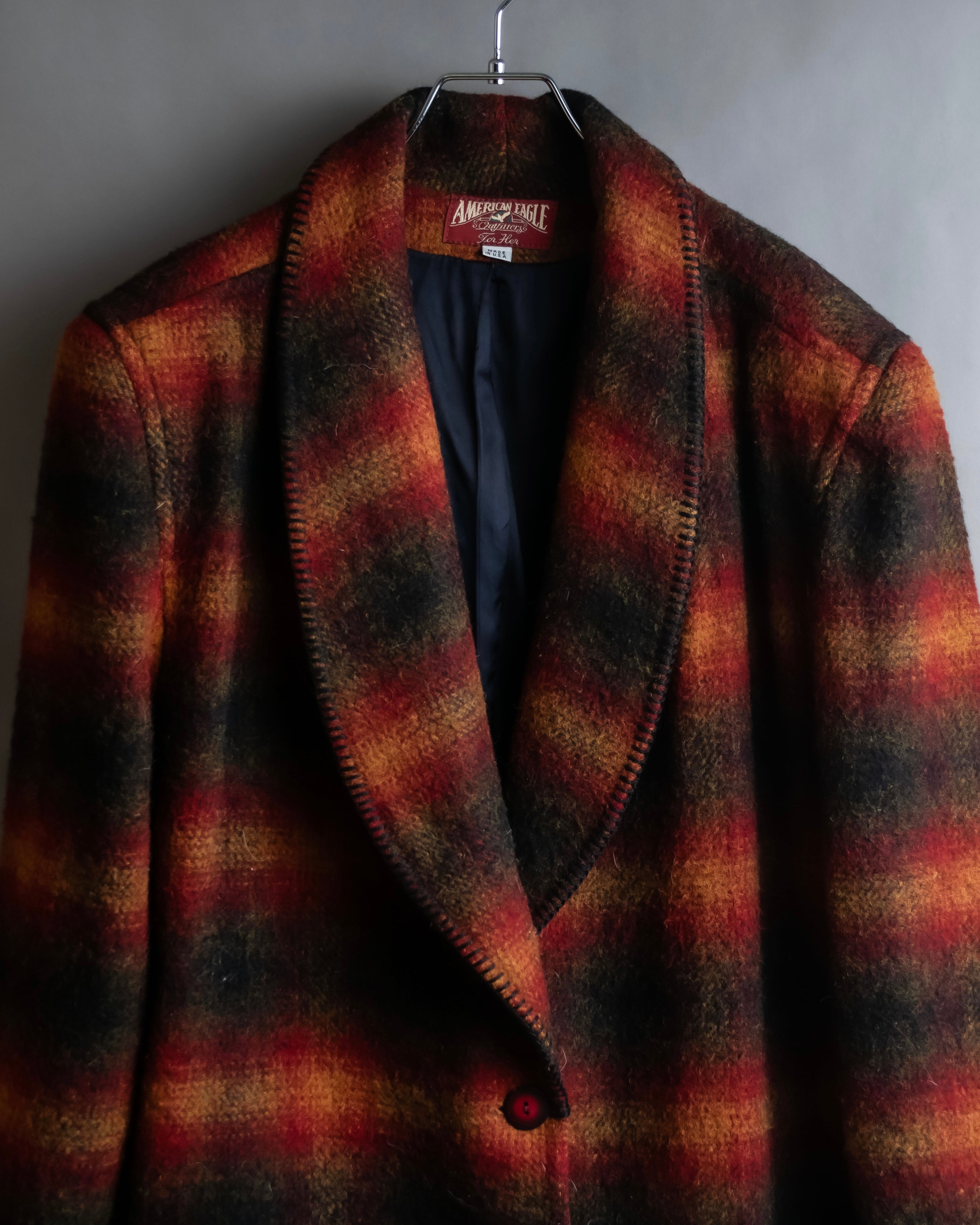 "American Eagle" Warm-colored check pattern shawl collar jacket