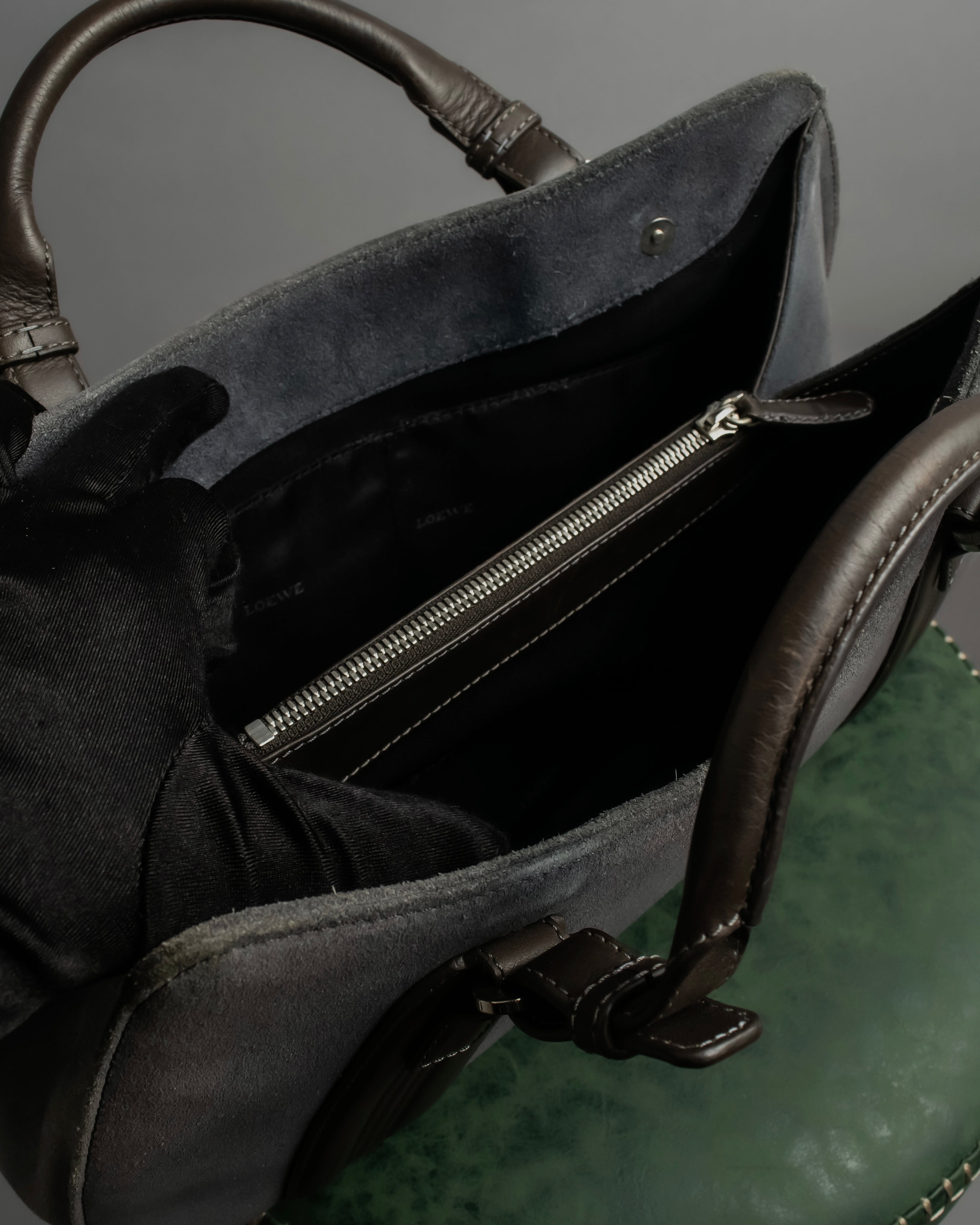 "LOEWE" Harness design logo engraved suede leather hand bag