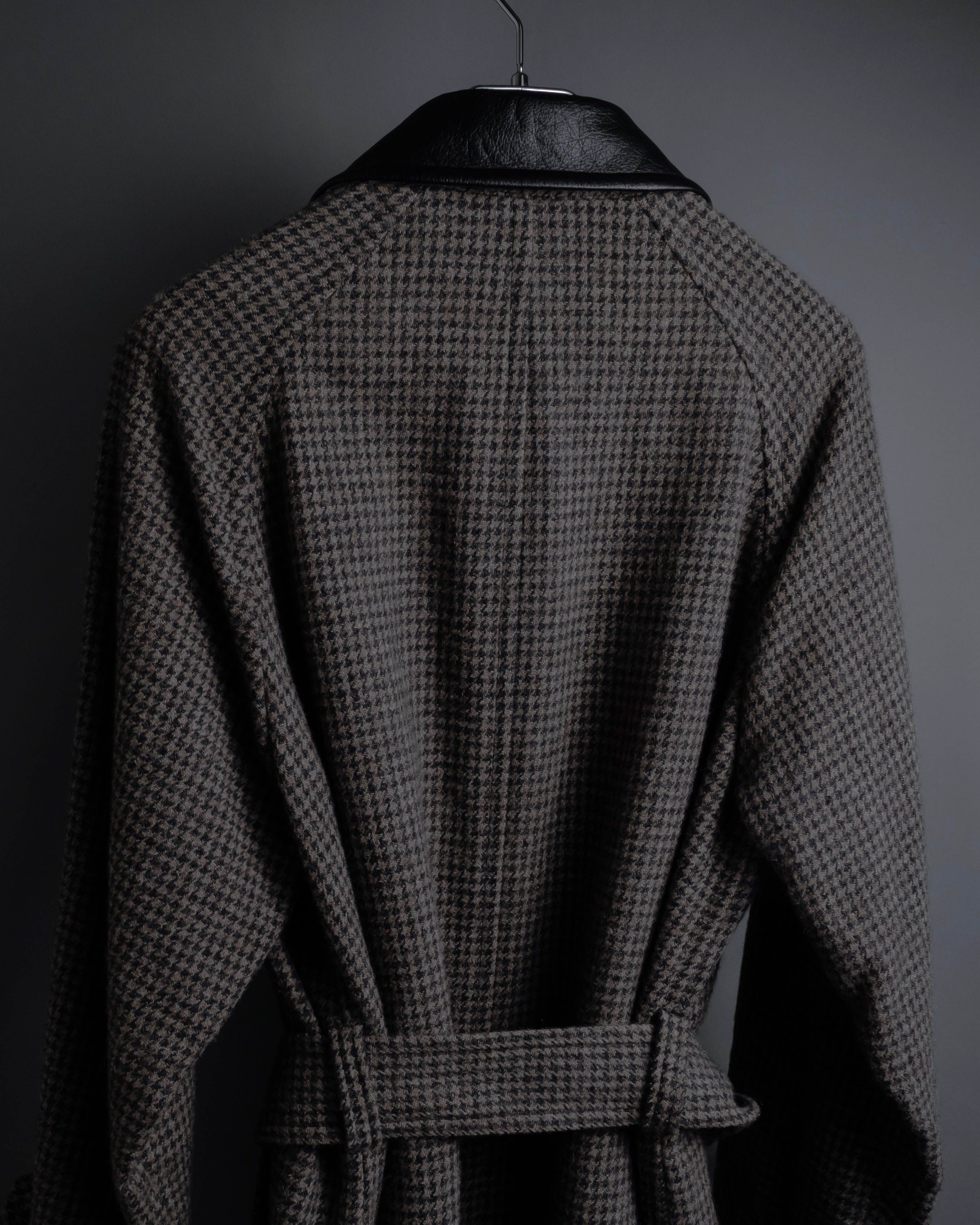 "tricot COMME des GARCONS" Leather collar design houndstooth pattern oversized long coat